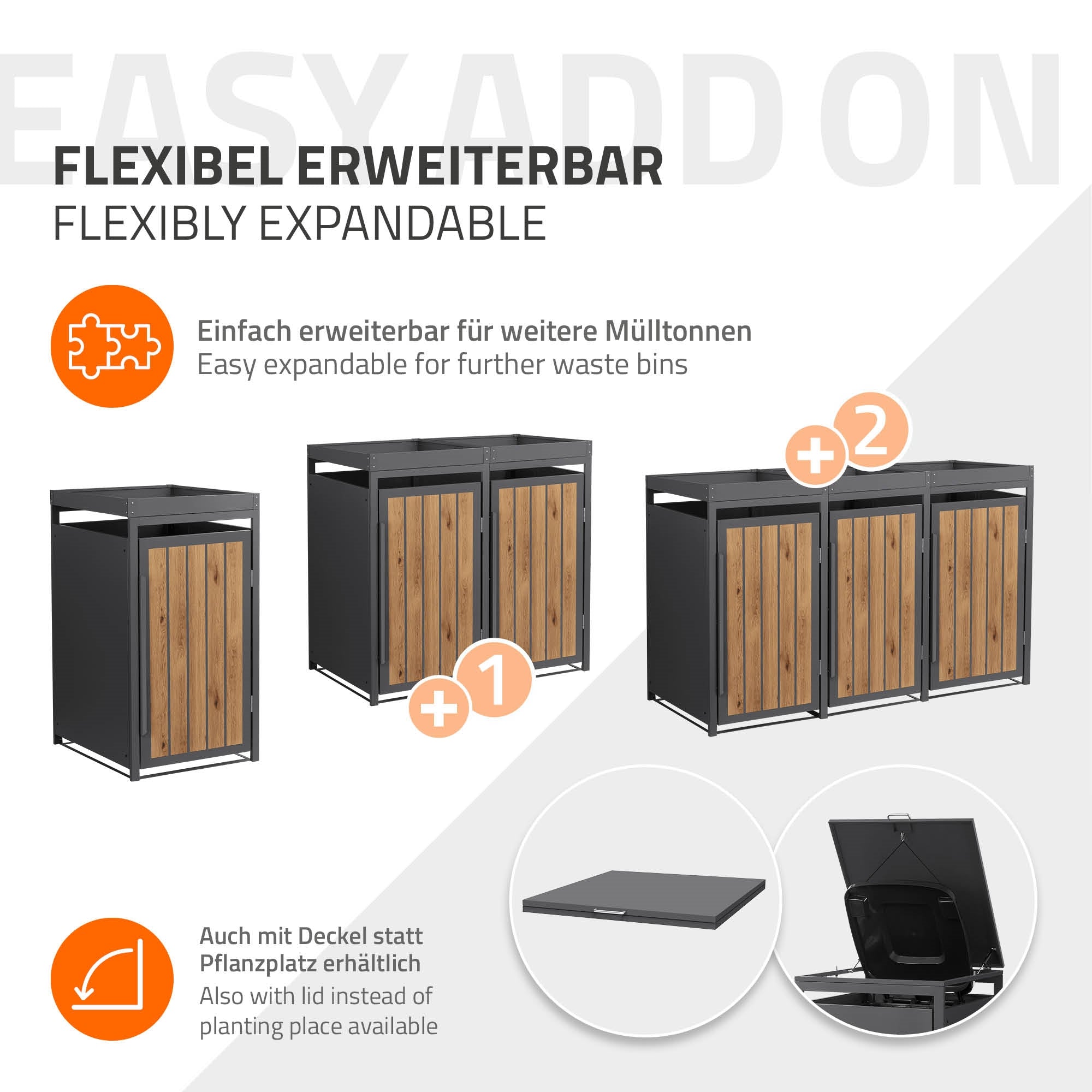 Grafik zur flexiblen Erweiterbarkeit von Mülltonnenboxen.