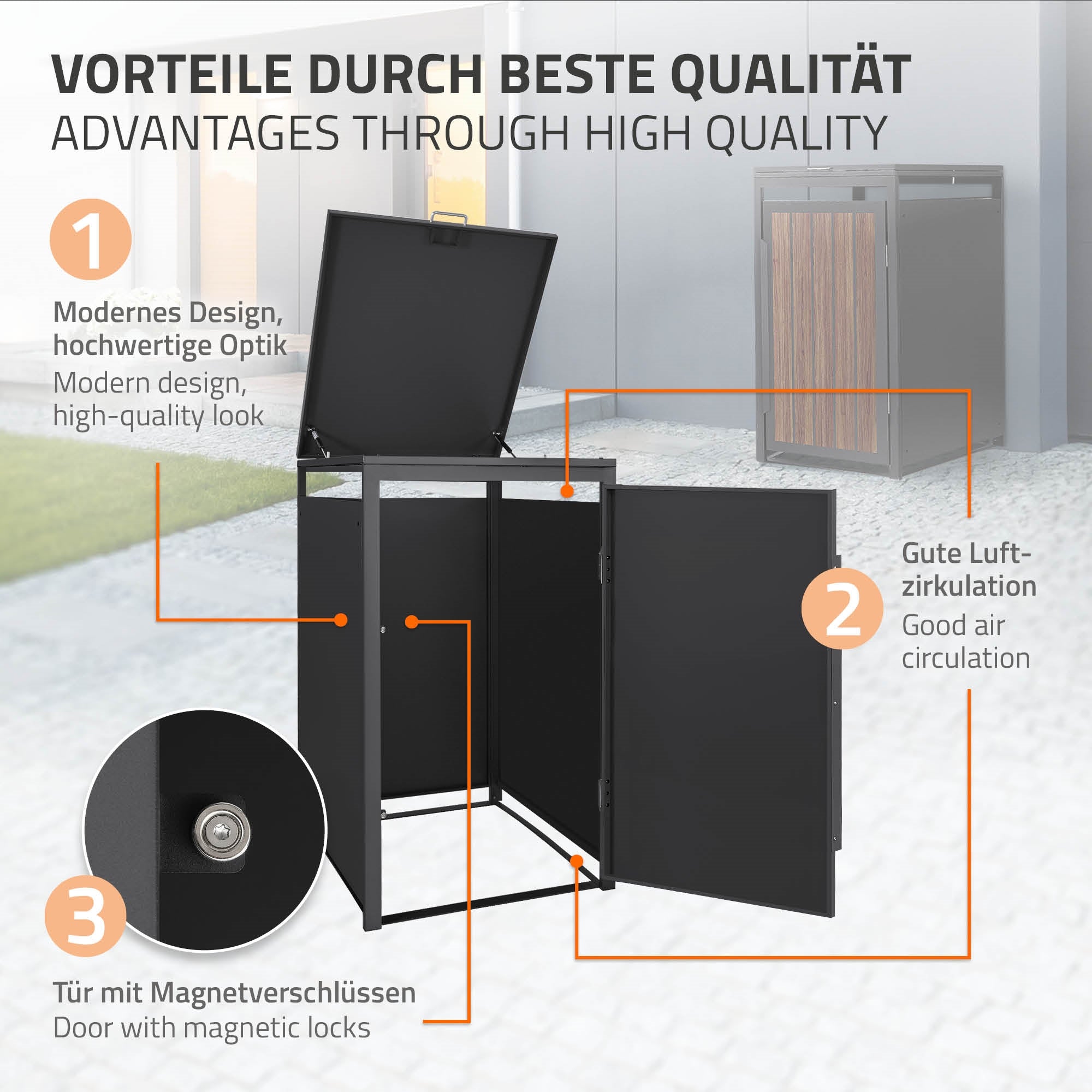 Grafiek met voordelen van een afvalcontainerbox, inclusief ontwerp en luchtcirculatie.