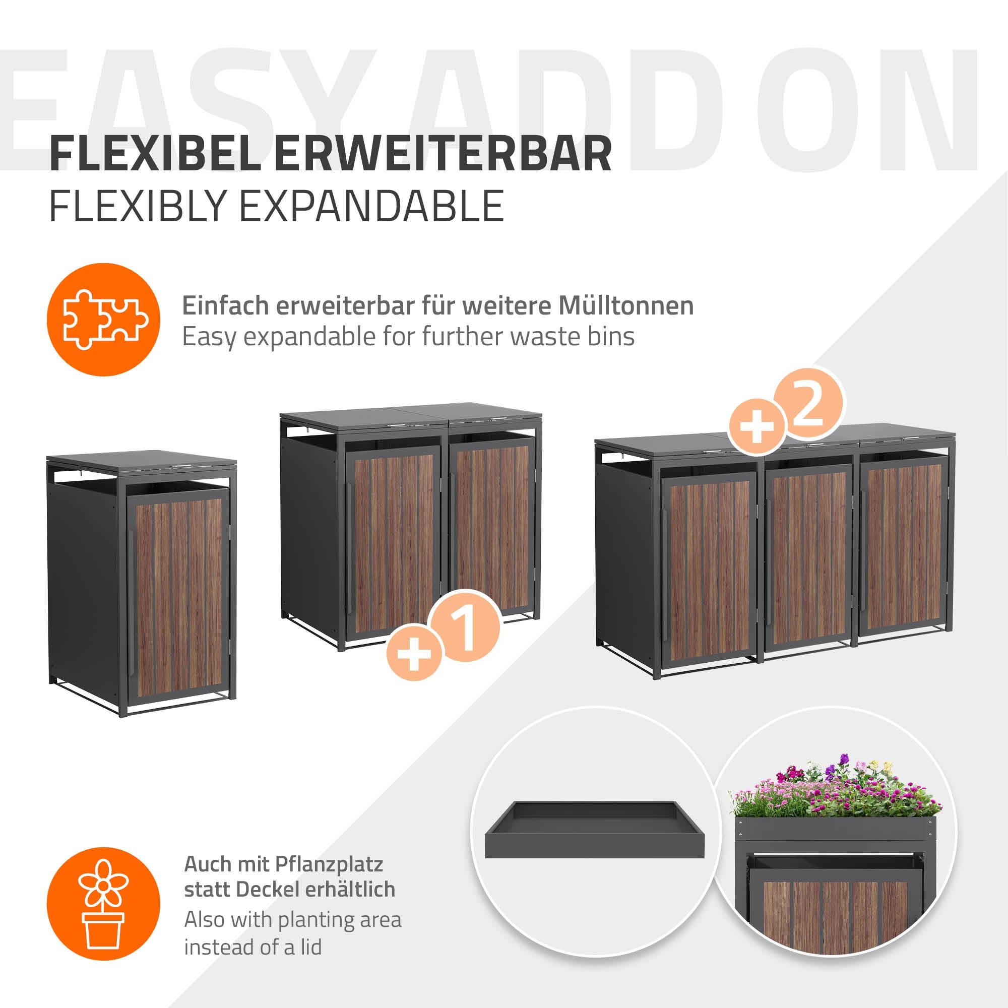 Uitbreidbare afvalcontainerbox met plantplaats en meerdere vakken.