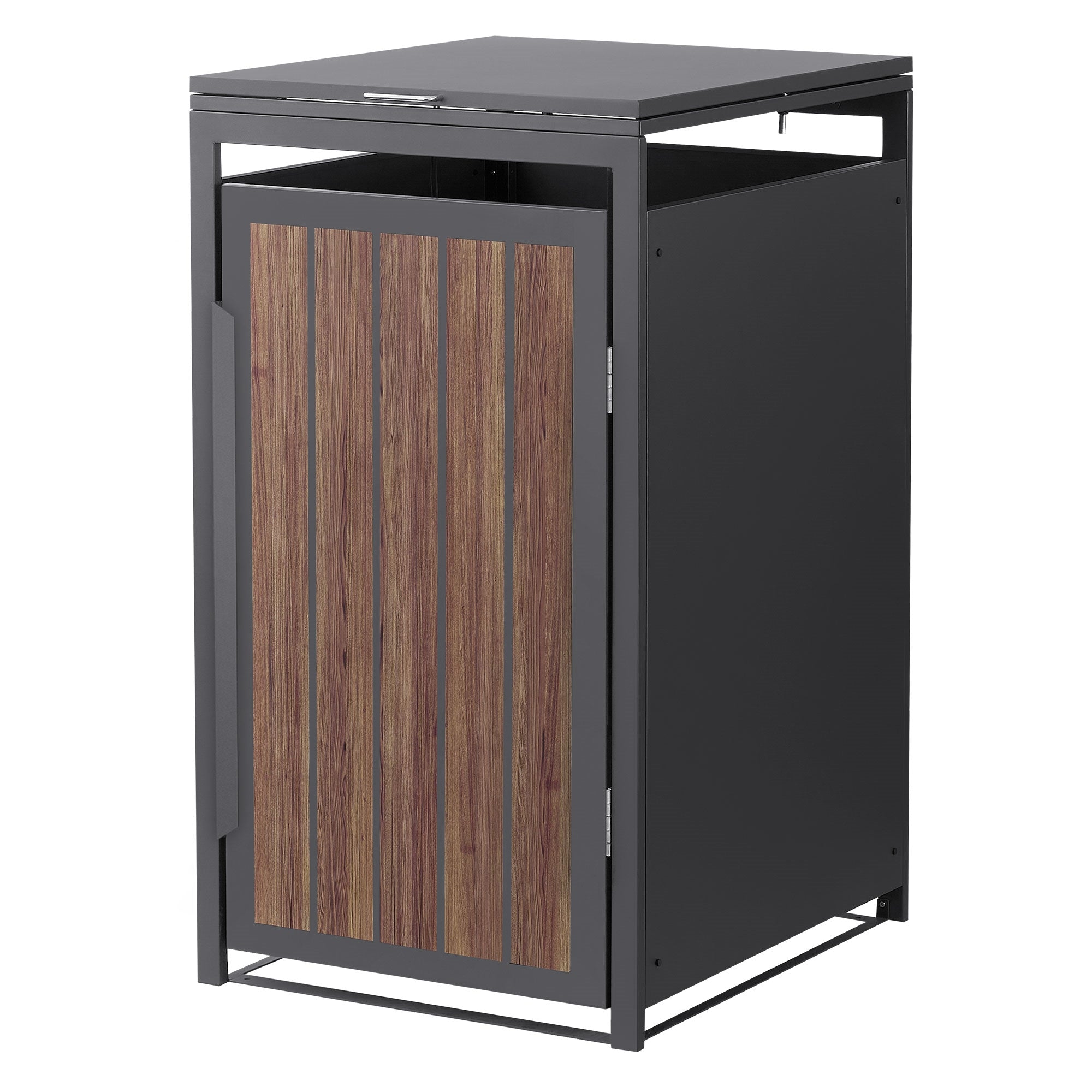 Box per contenitori di rifiuti singolo in grigio scuro con effetto legno.
