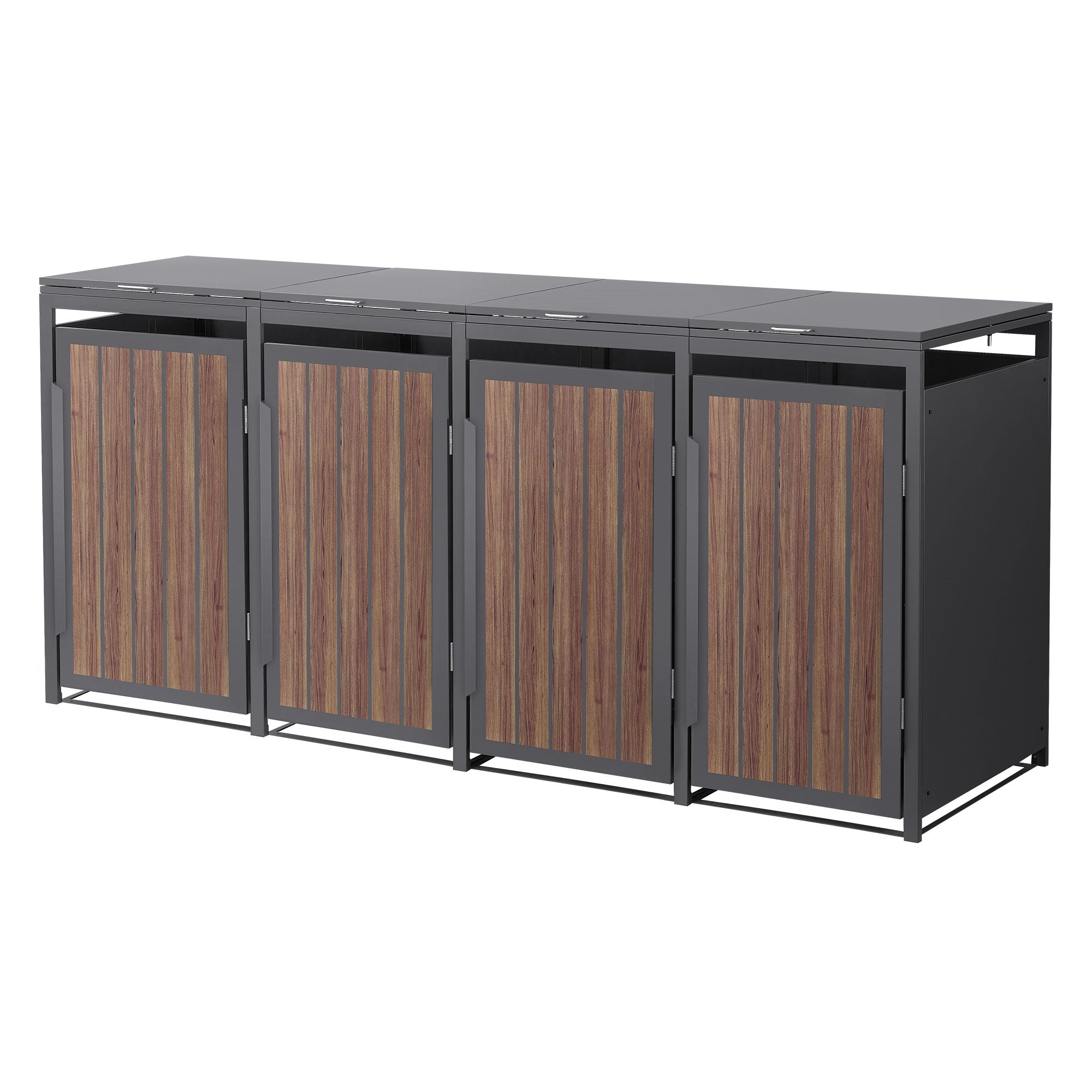 Quattro box per bidoni della spazzatura di grigio scuro con effetto legno.