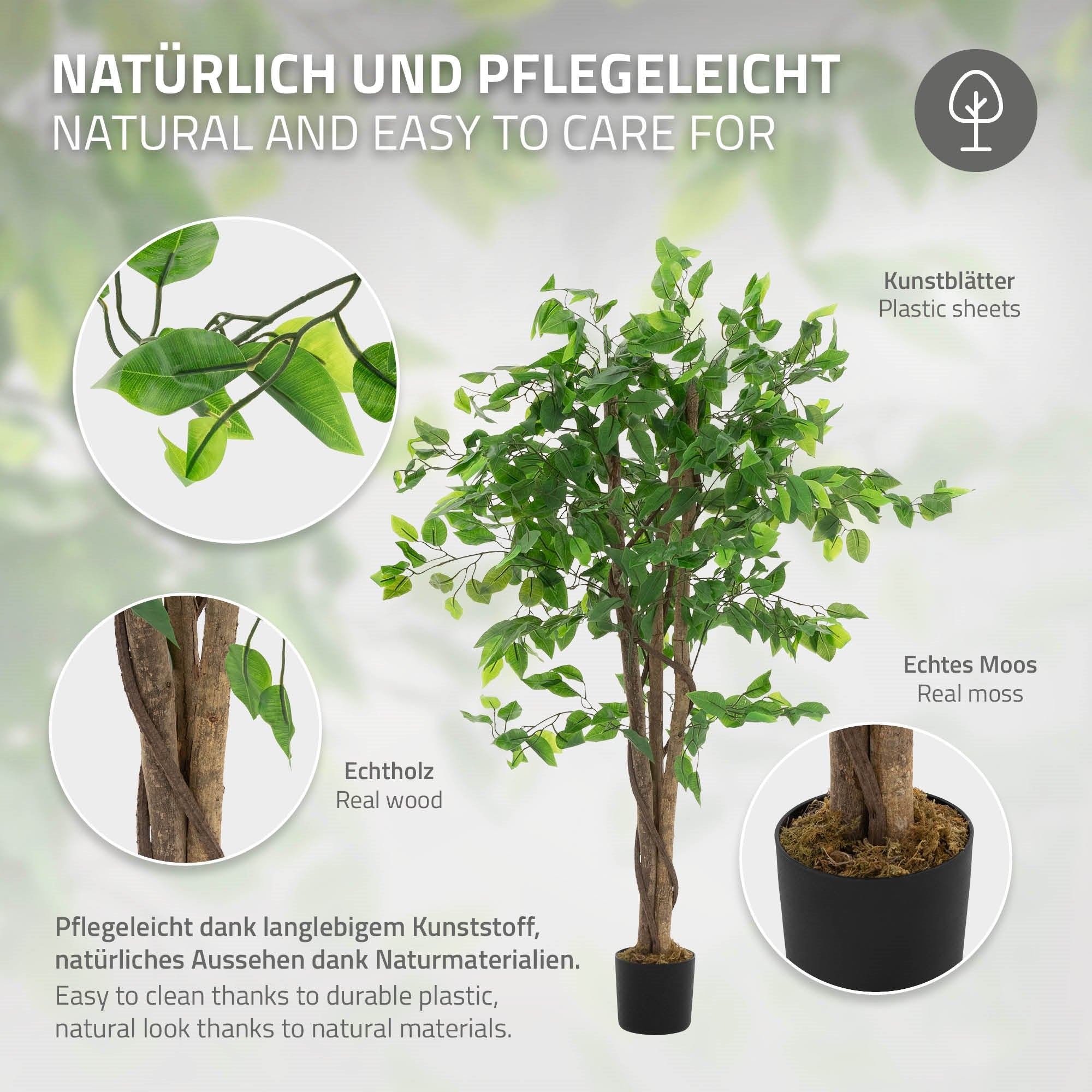 Detailansicht eines künstlichen Baums mit Kunstblättern und echtem Moos.
