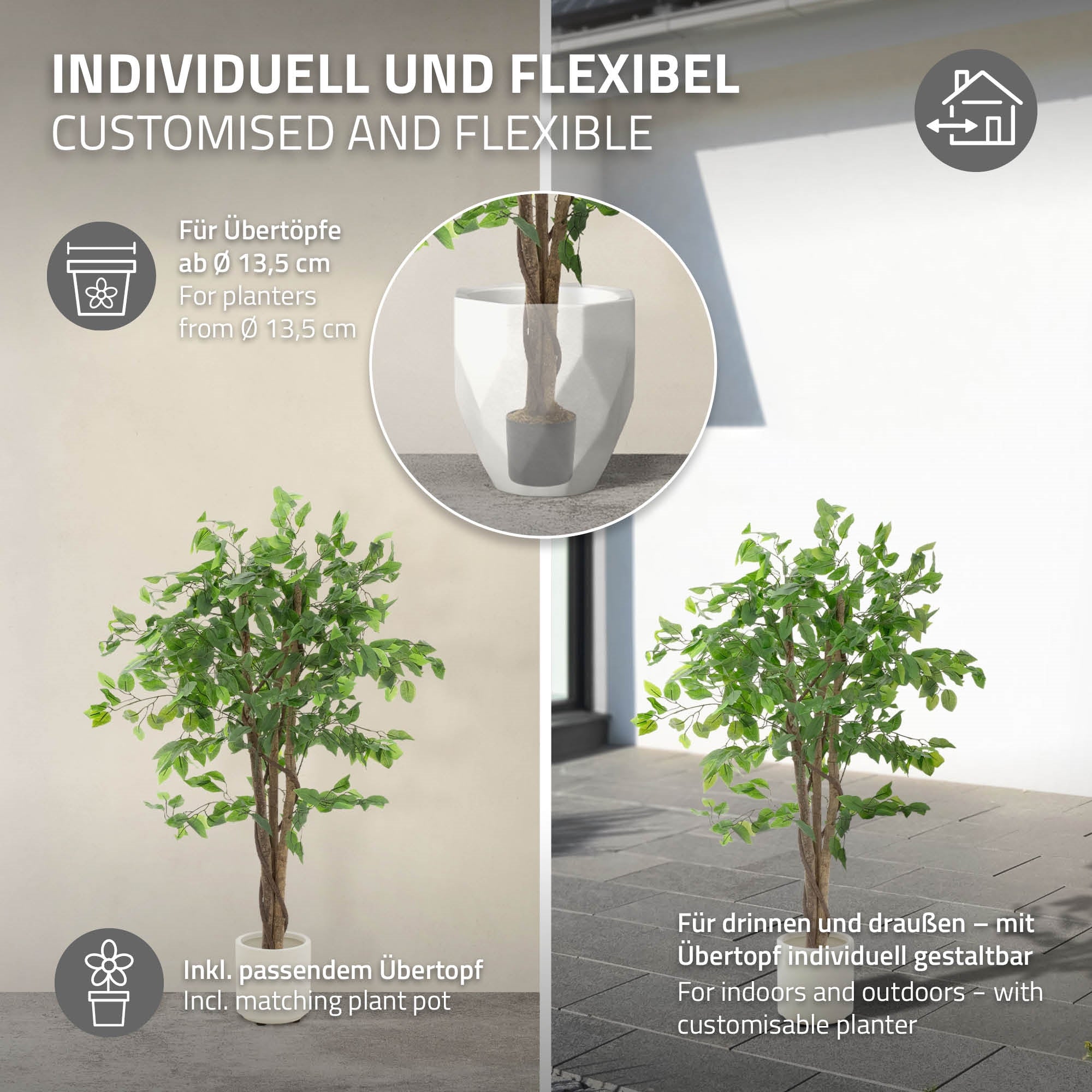 Keinopuu valkoisessa ruukussa, sopii sisä- ja ulkotiloihin.