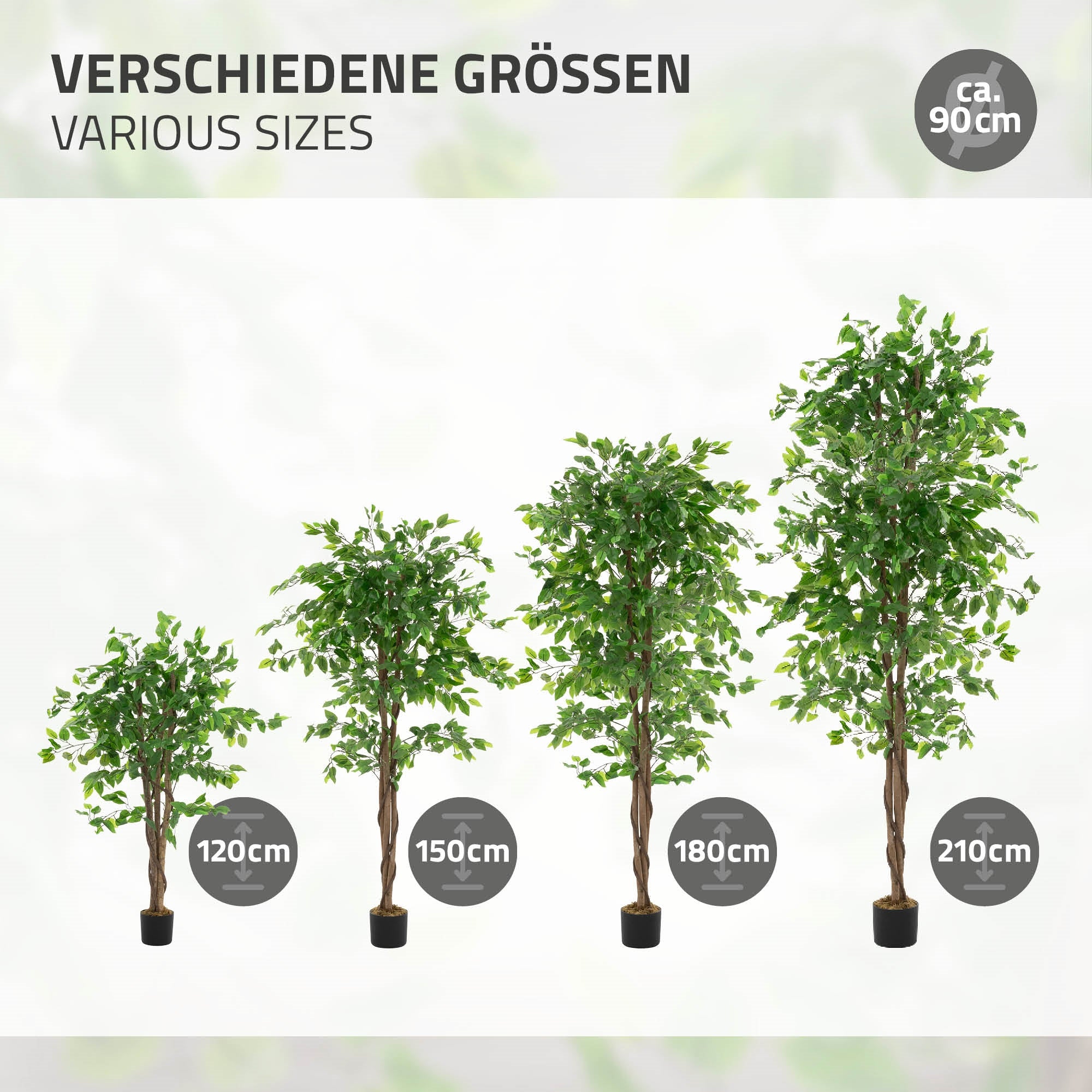 Vier künstliche Bäume in verschiedenen Größen, jeweils in Töpfen.