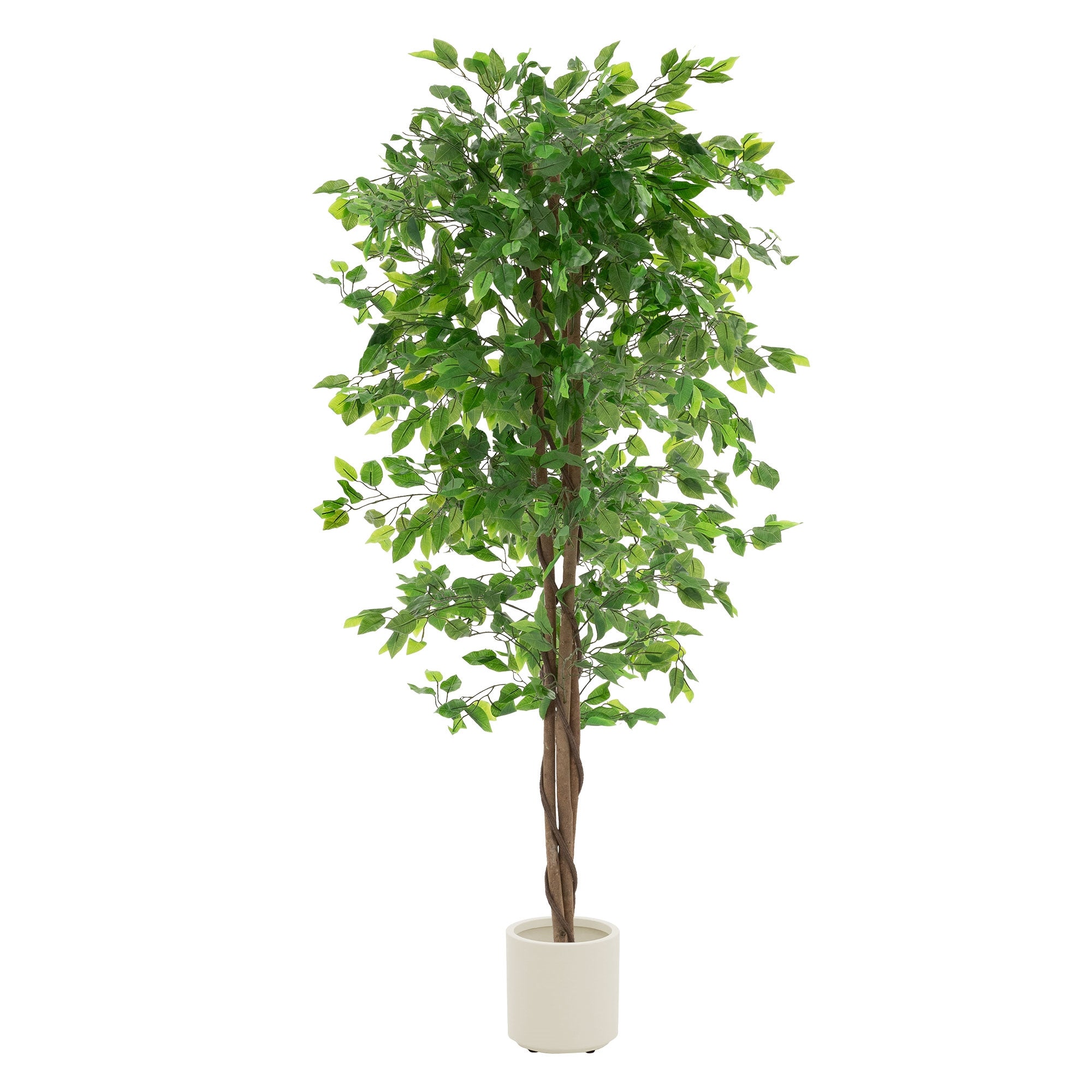 Künstlicher Baum in einem weißen Topf, vor neutralem Hintergrund.