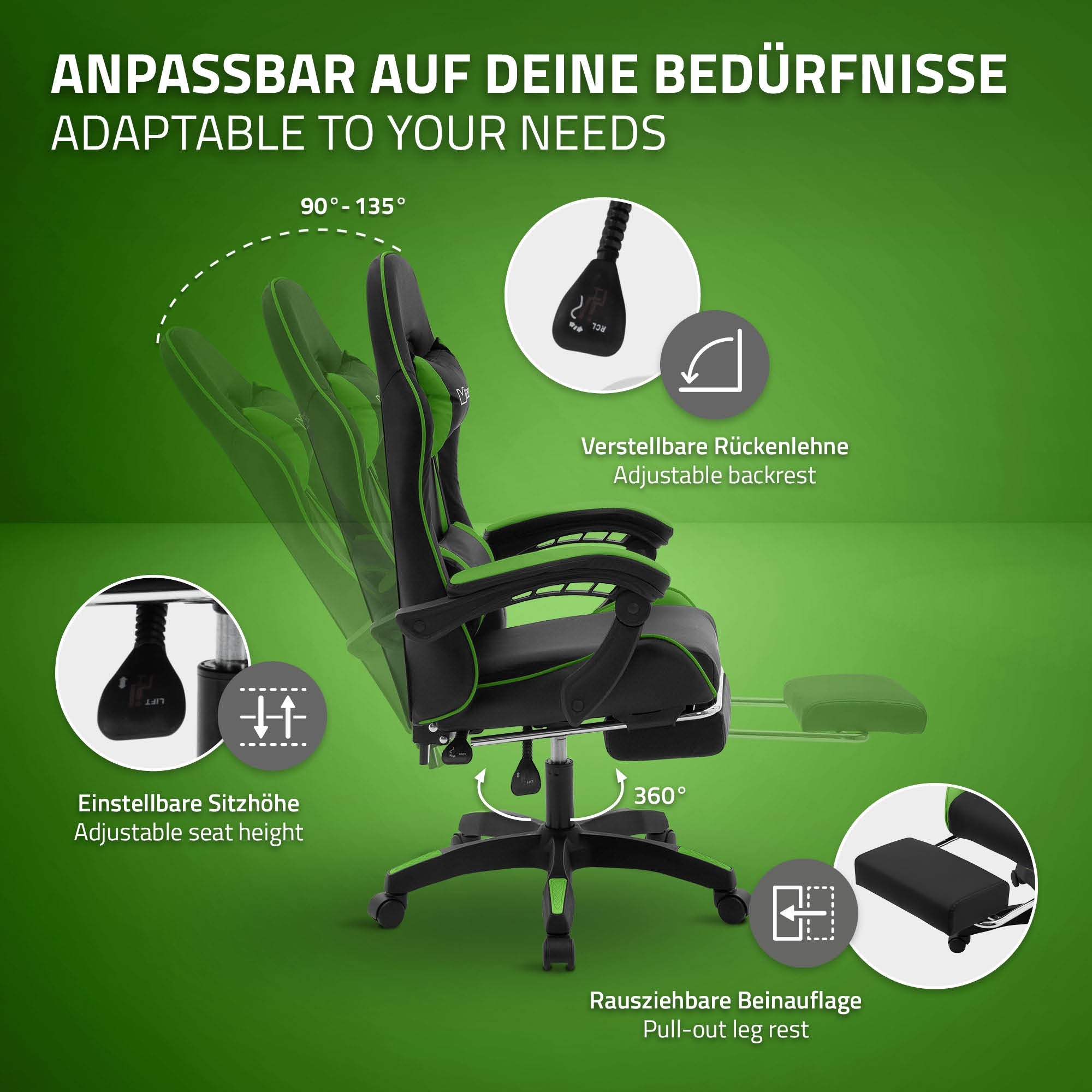 Gaming-Stuhl mit verstellbarer Rückenlehne, Sitzhöhe und ausziehbarer Beinstütze.