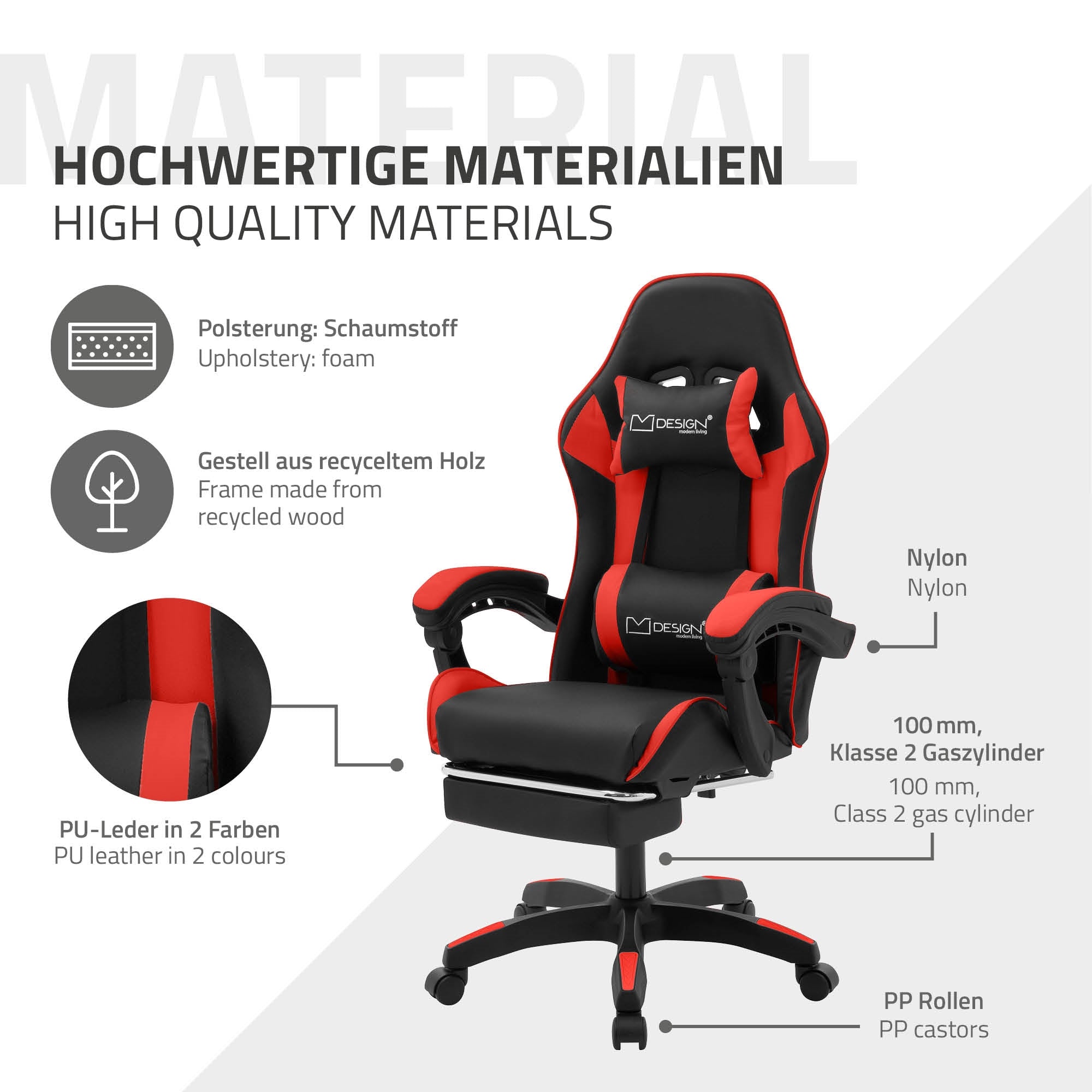 Grafik eines Gaming-Stuhls mit Materialbeschreibung und technischen Details.
