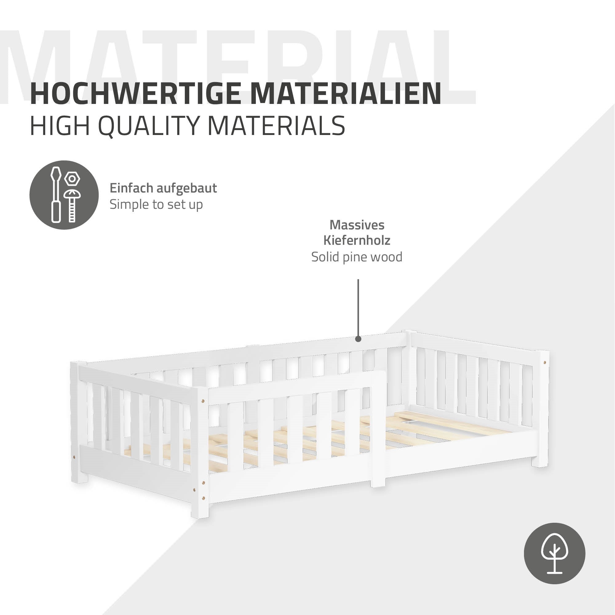 Grafik mit Informationen zu hochwertigen Materialien des Kinderbetts.