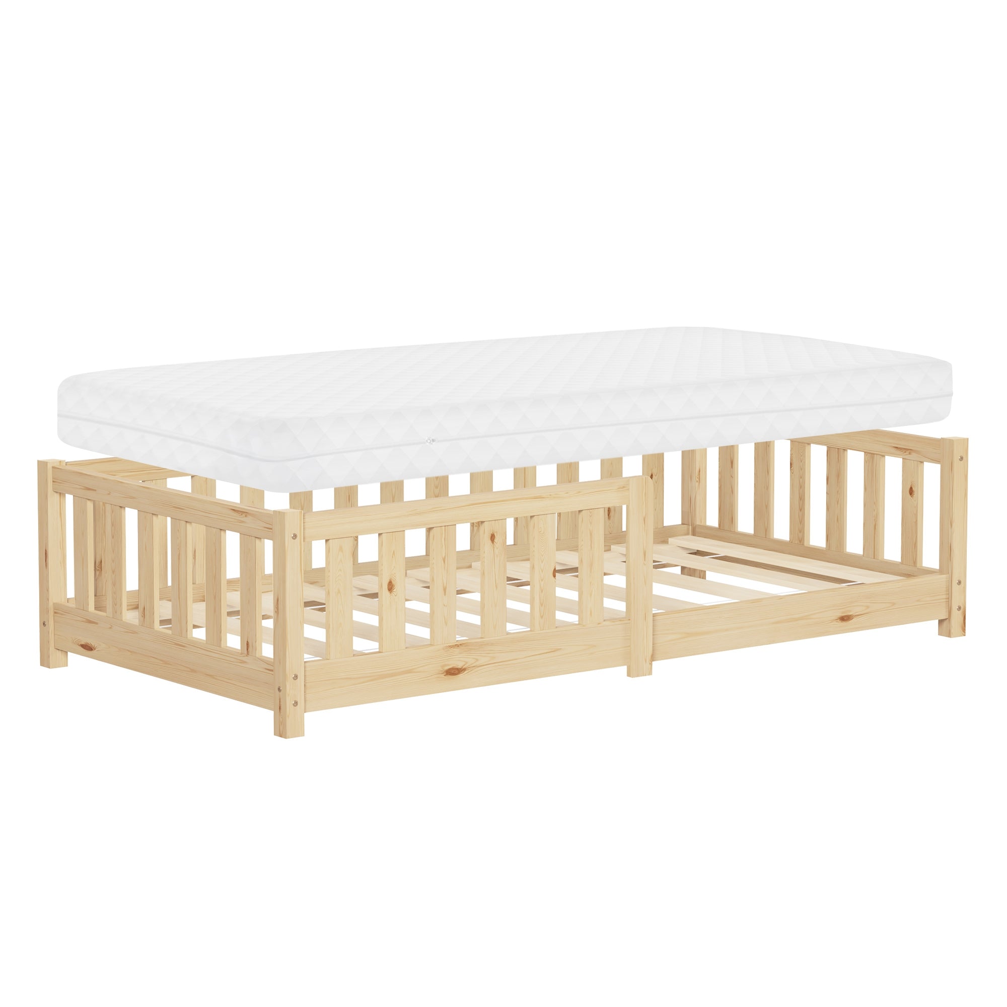 Wooden frame with mattress, suitable for a children's bed.