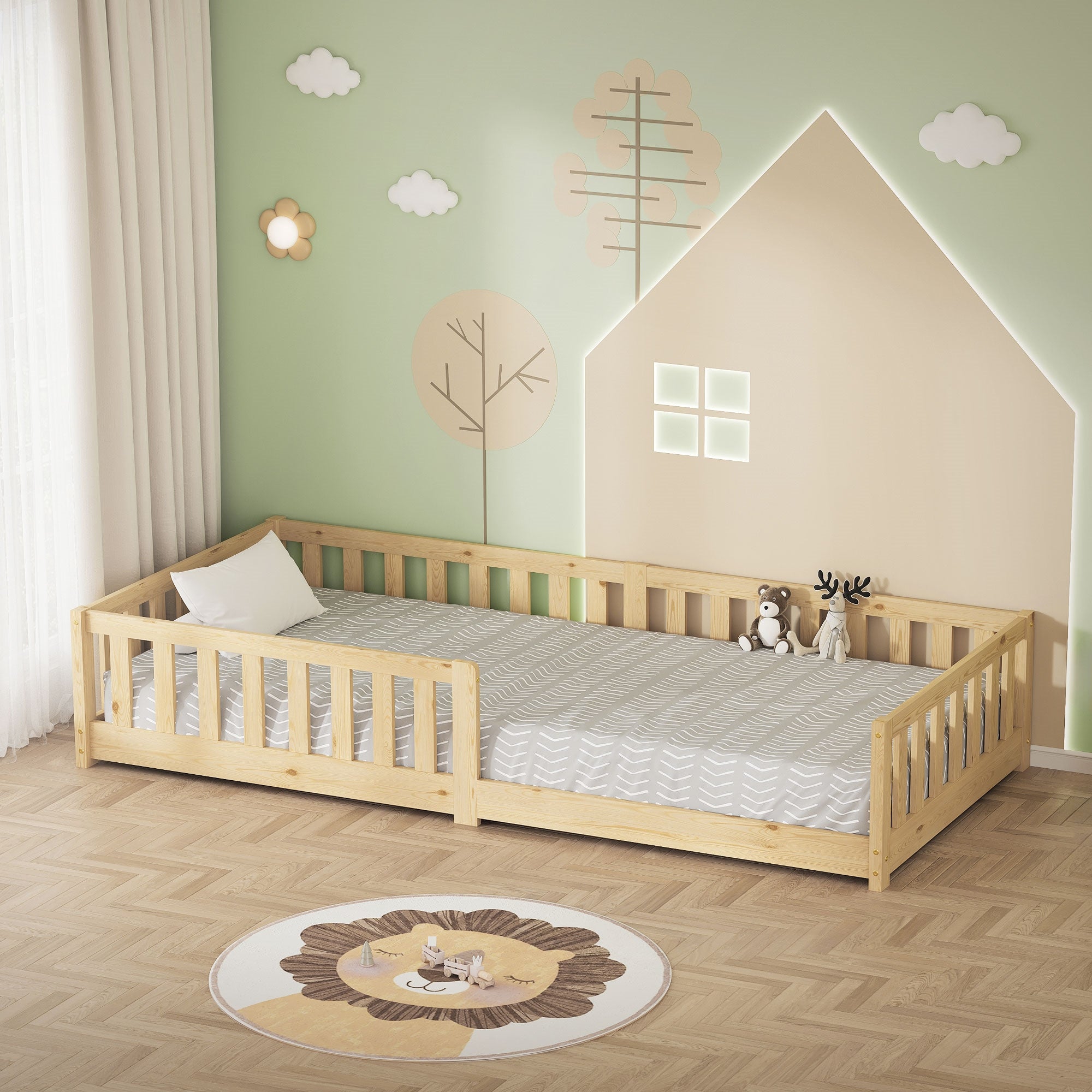 Letto in legno in una stanza con parete verde e elementi decorativi.