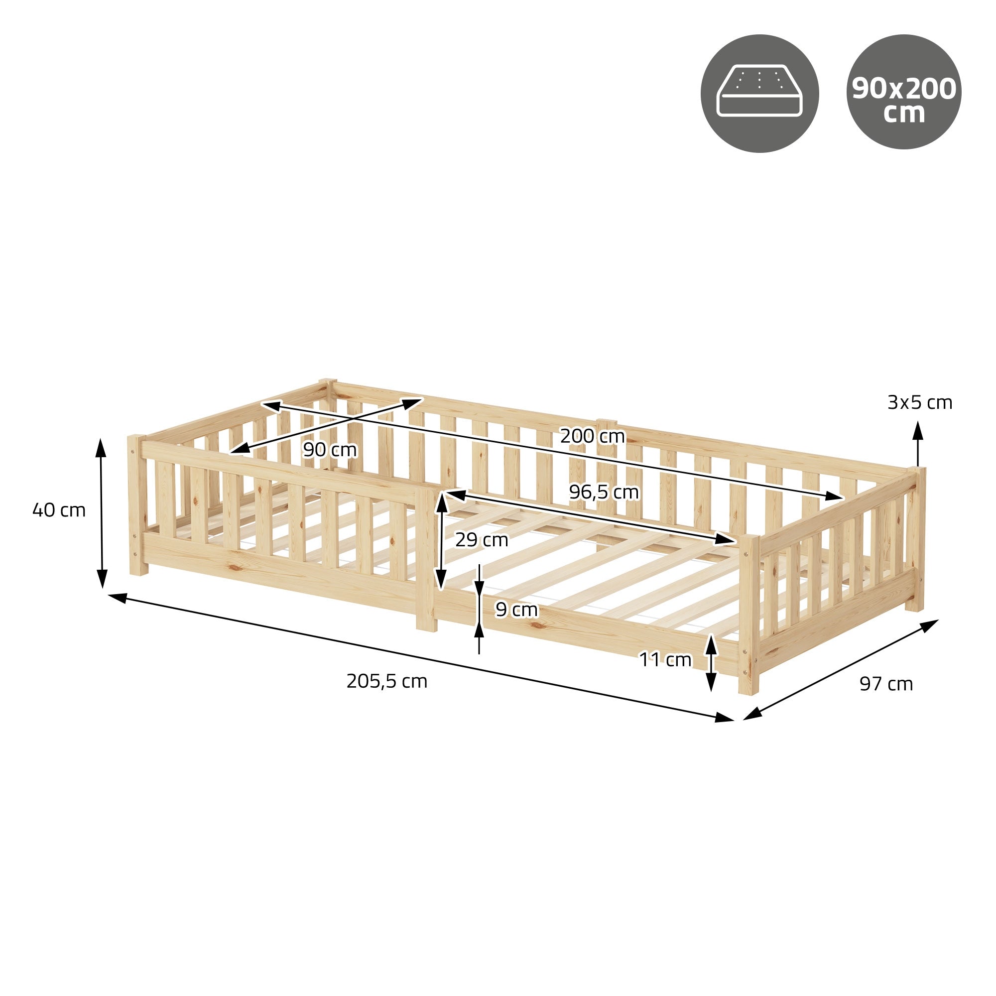 Fából készült gyerekágy 90x200 cm mérettel és rácsokkal.