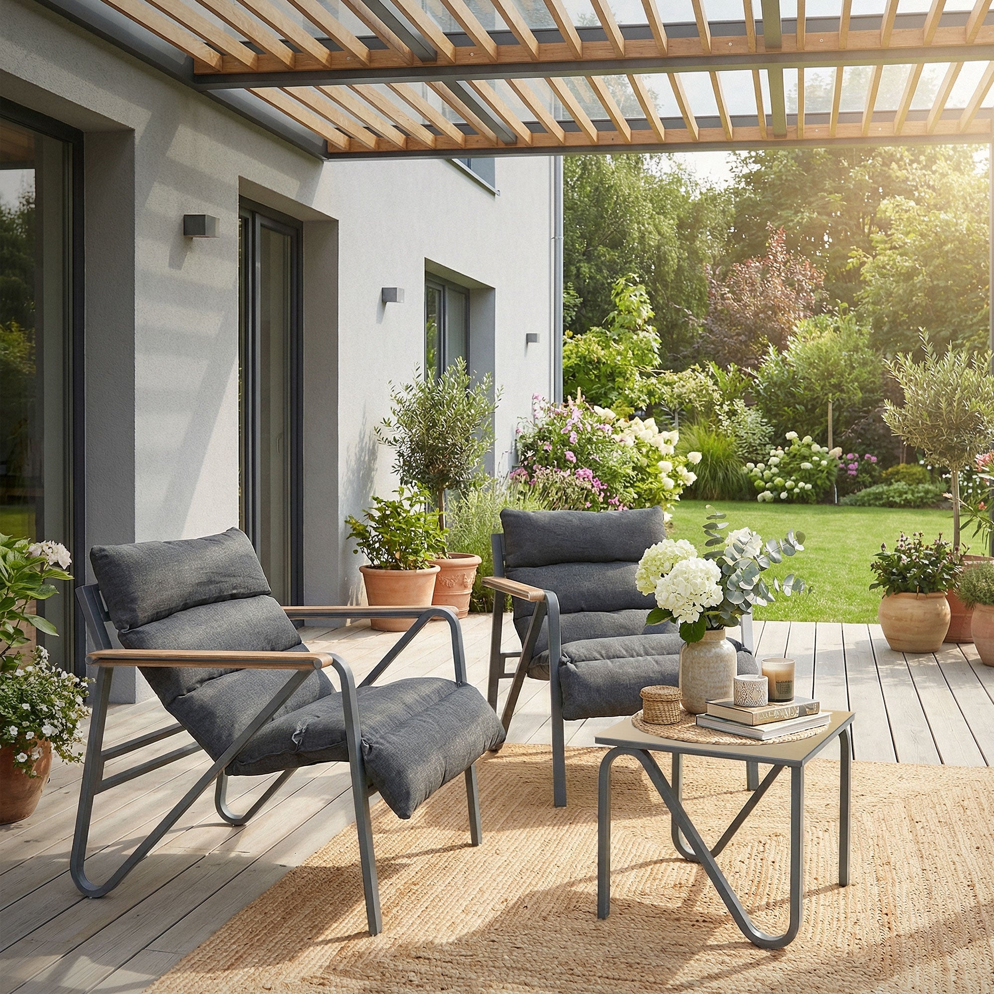 Zwei Stühle und ein Tisch auf einer Terrasse, umgeben von Pflanzen und Blumen.