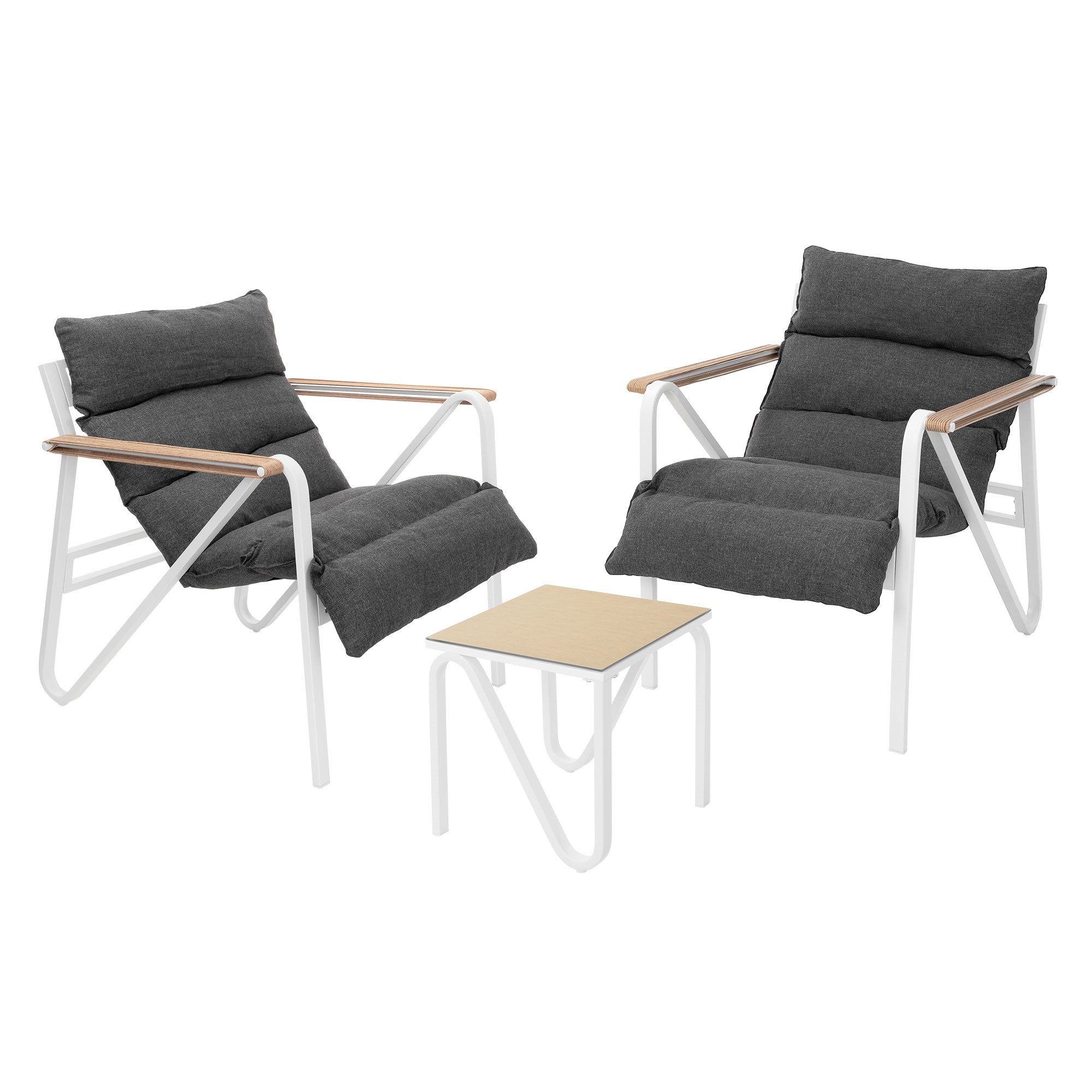 Dvě židle se stolem v moderním designu, šedé polstrování.