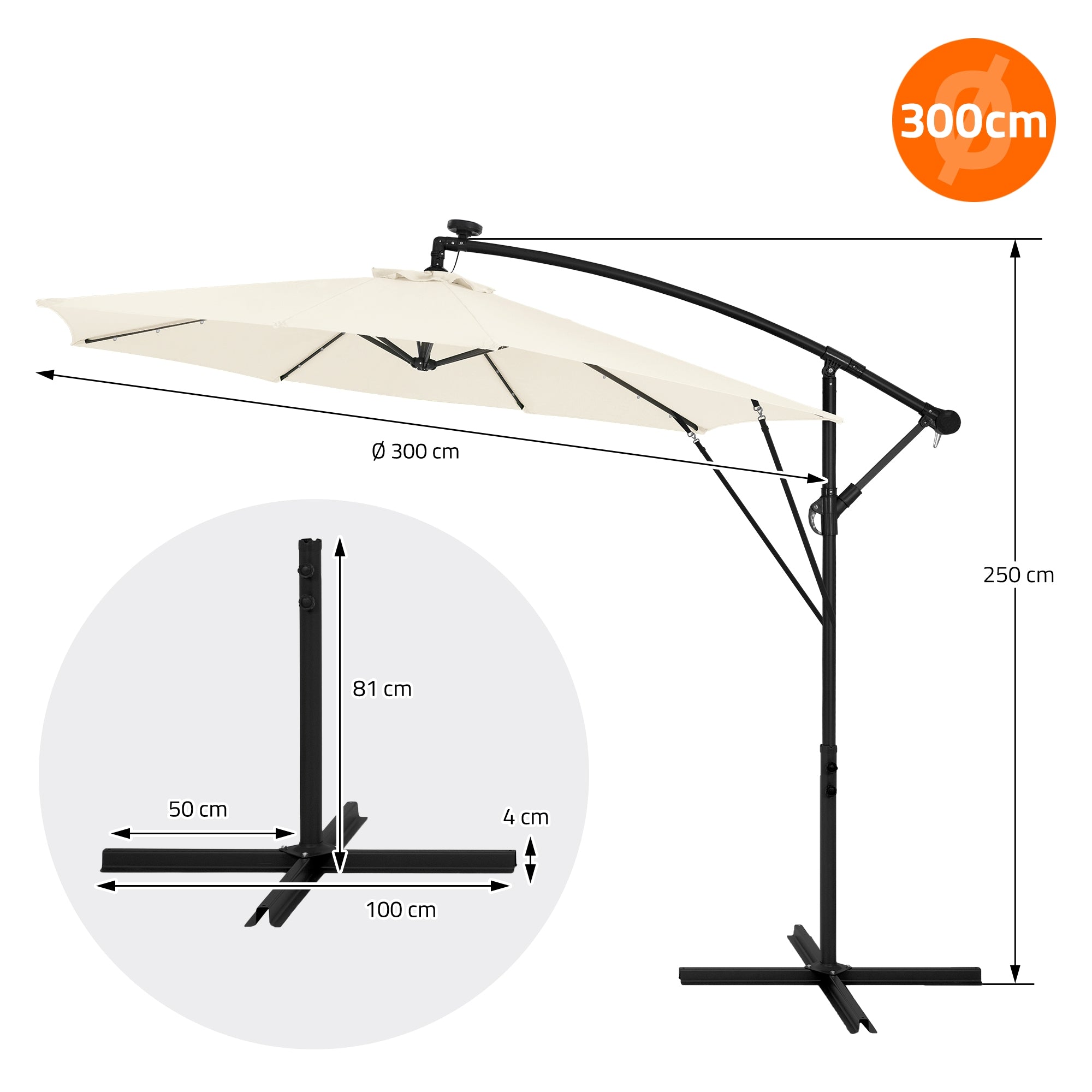 Sonnenschirm mit einem Durchmesser von 300 cm und einer Höhe von 250 cm.