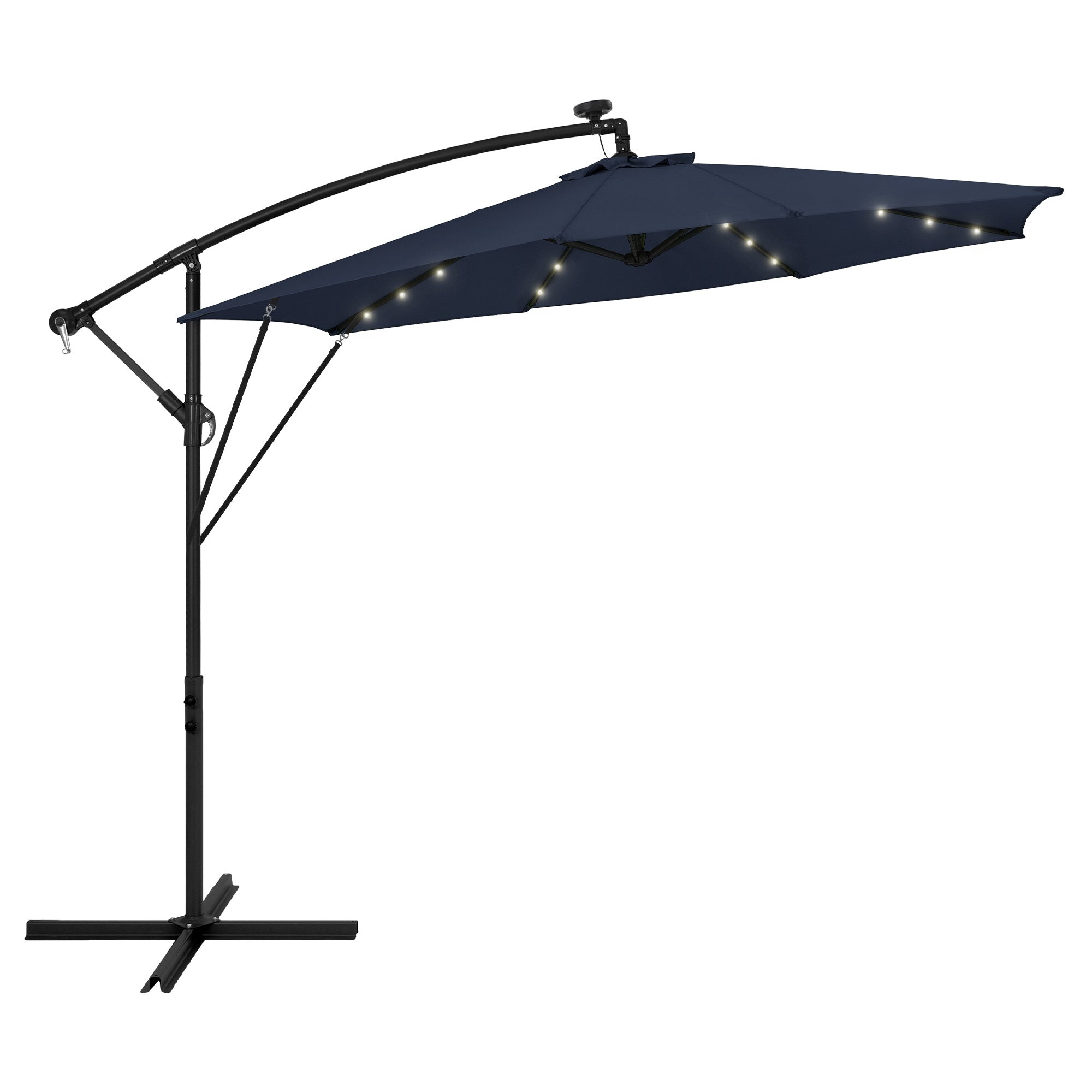 Ombrellone blu con illuminazione a LED, montato e illuminato.