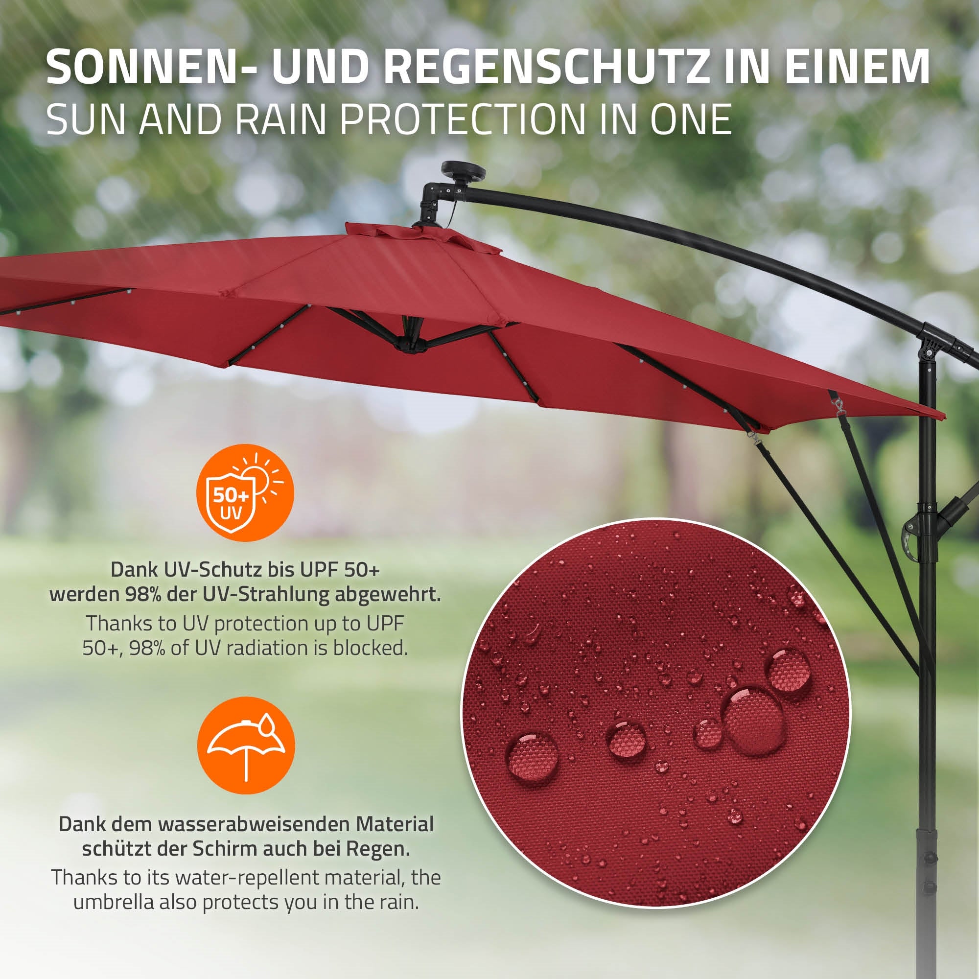 Parasol met UV-bescherming, rood, 330 cm diameter, op een standaard.