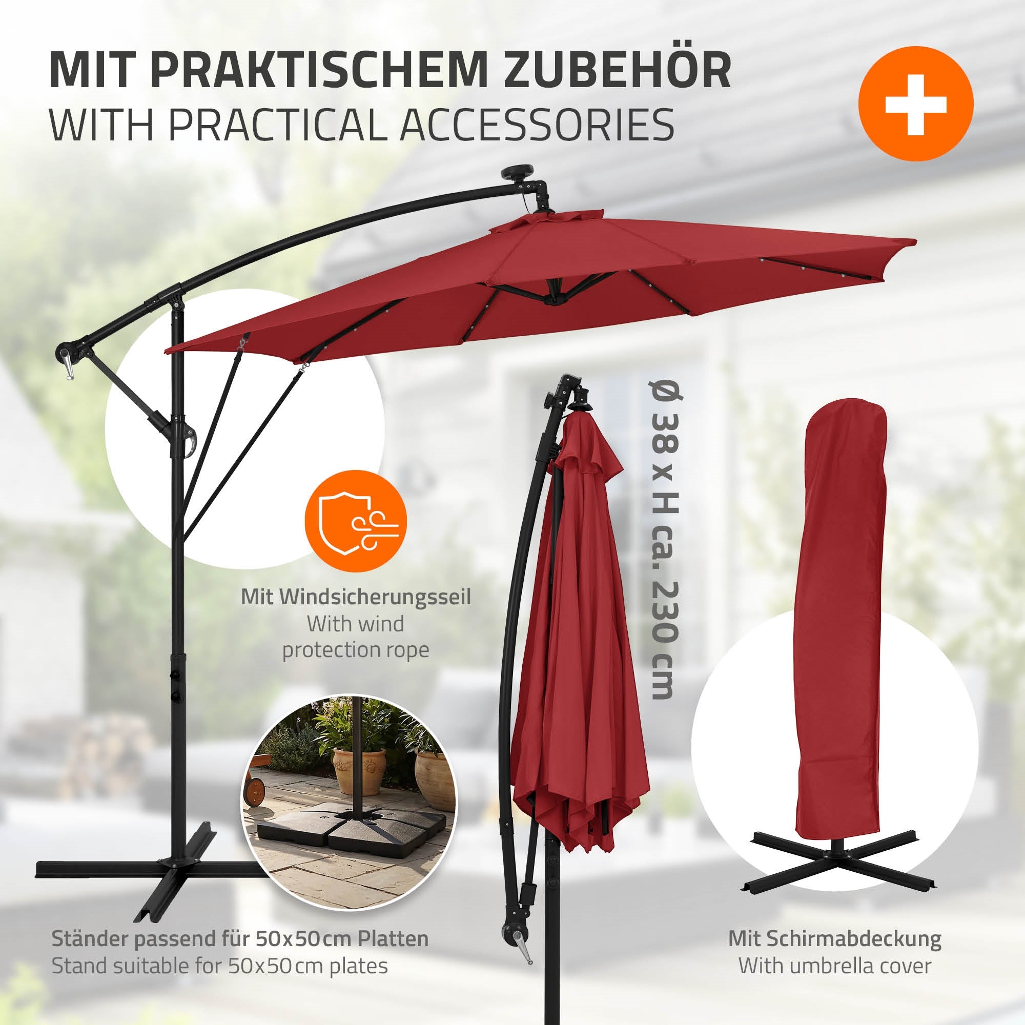 Rode parasol met accessoires, windbeschermingskoord en parasoldoek.