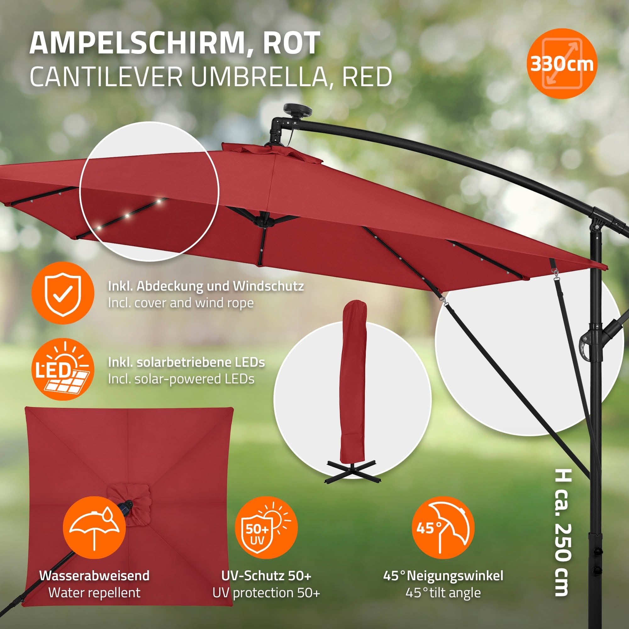 Ombrellone rosso a braccio con copertura e protezione dal vento, diametro 330 cm.