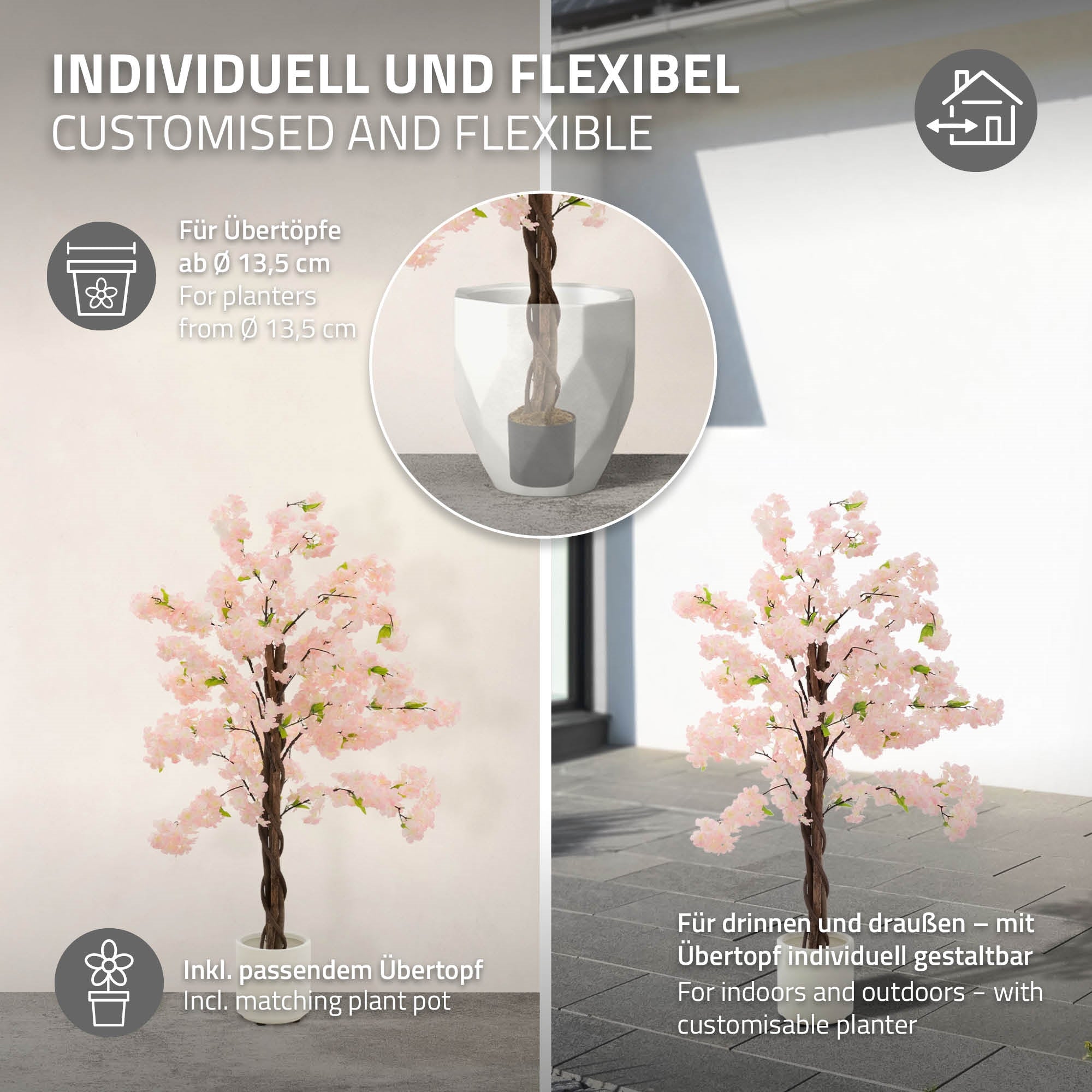 Kunstbaum mit rosa Blüten, Informationen zu Anpassungsmöglichkeiten und Töpfen.