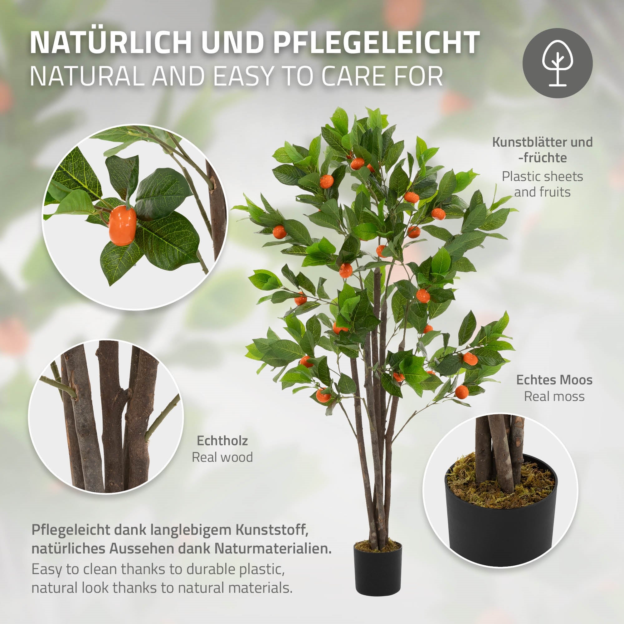 Kunstboom met groene bladeren en oranje vruchten, realistische details.