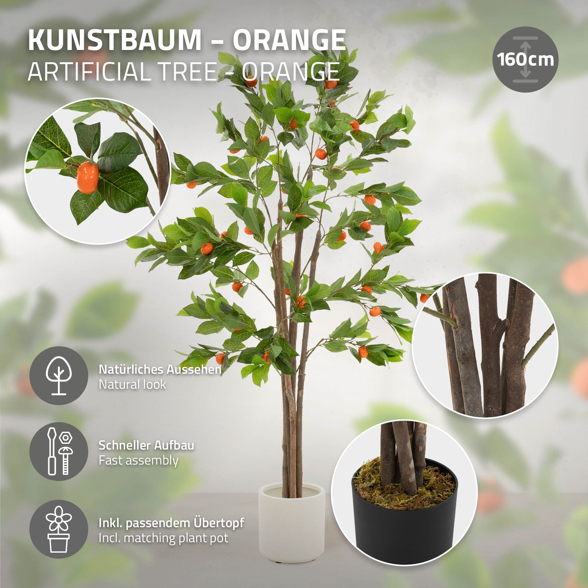 Kunstboom met oranje vruchten in een witte pot, voor een neutrale achtergrond.