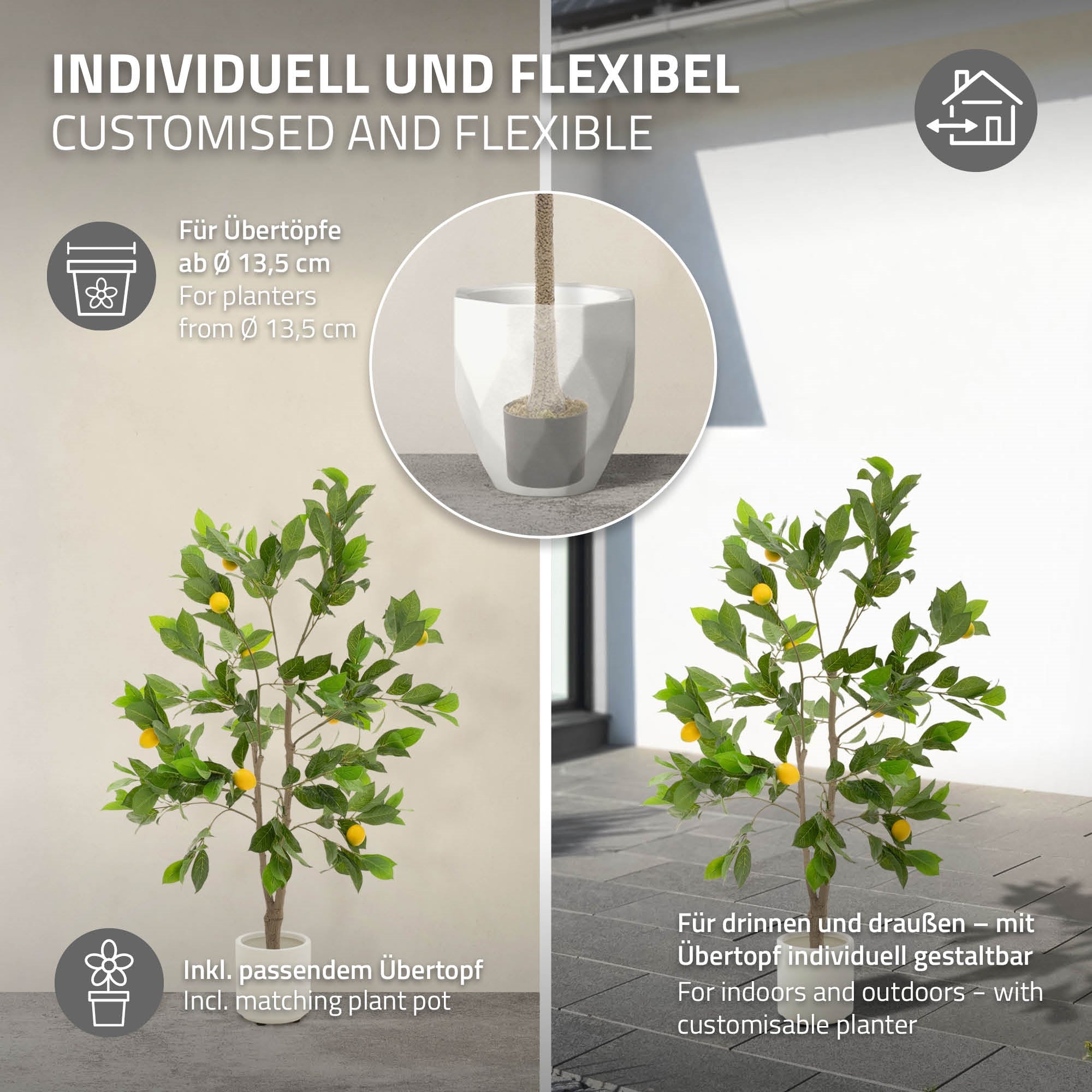 Arbre artificiel avec des feuilles vertes et des fruits jaunes dans un pot blanc.