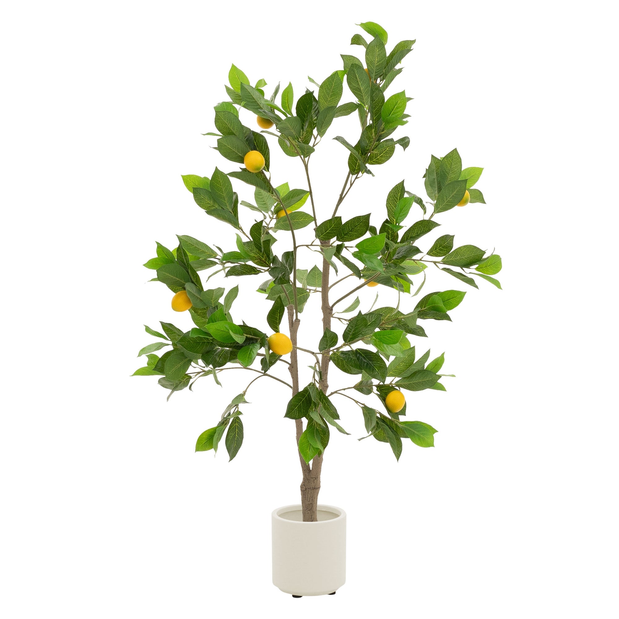 Un arbre artificiel avec des feuilles vertes et des fruits jaunes dans un pot blanc.