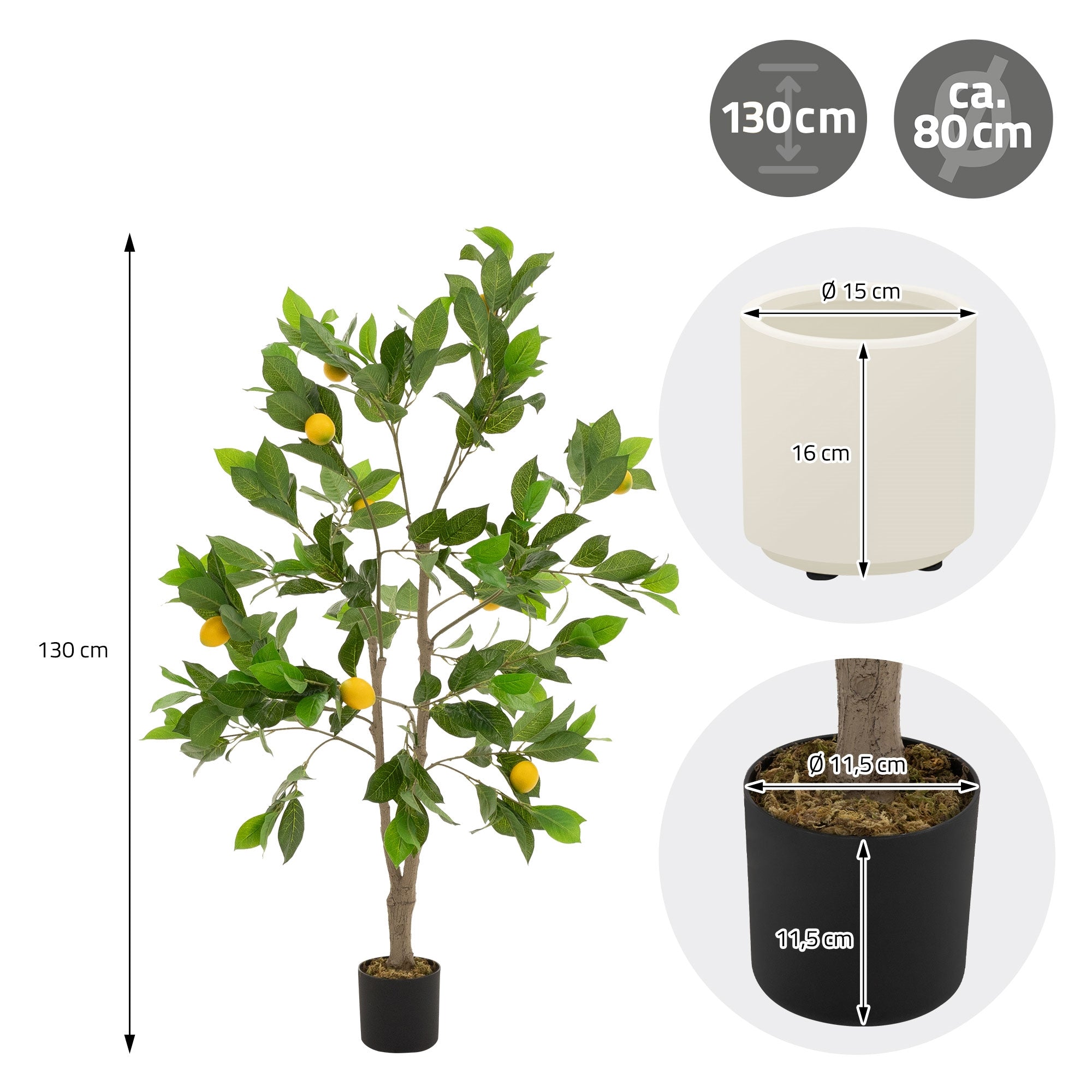Arbre artificiel avec des citrons, hauteur 130 cm, diamètre du pot 15 cm, hauteur du pot 16 cm.