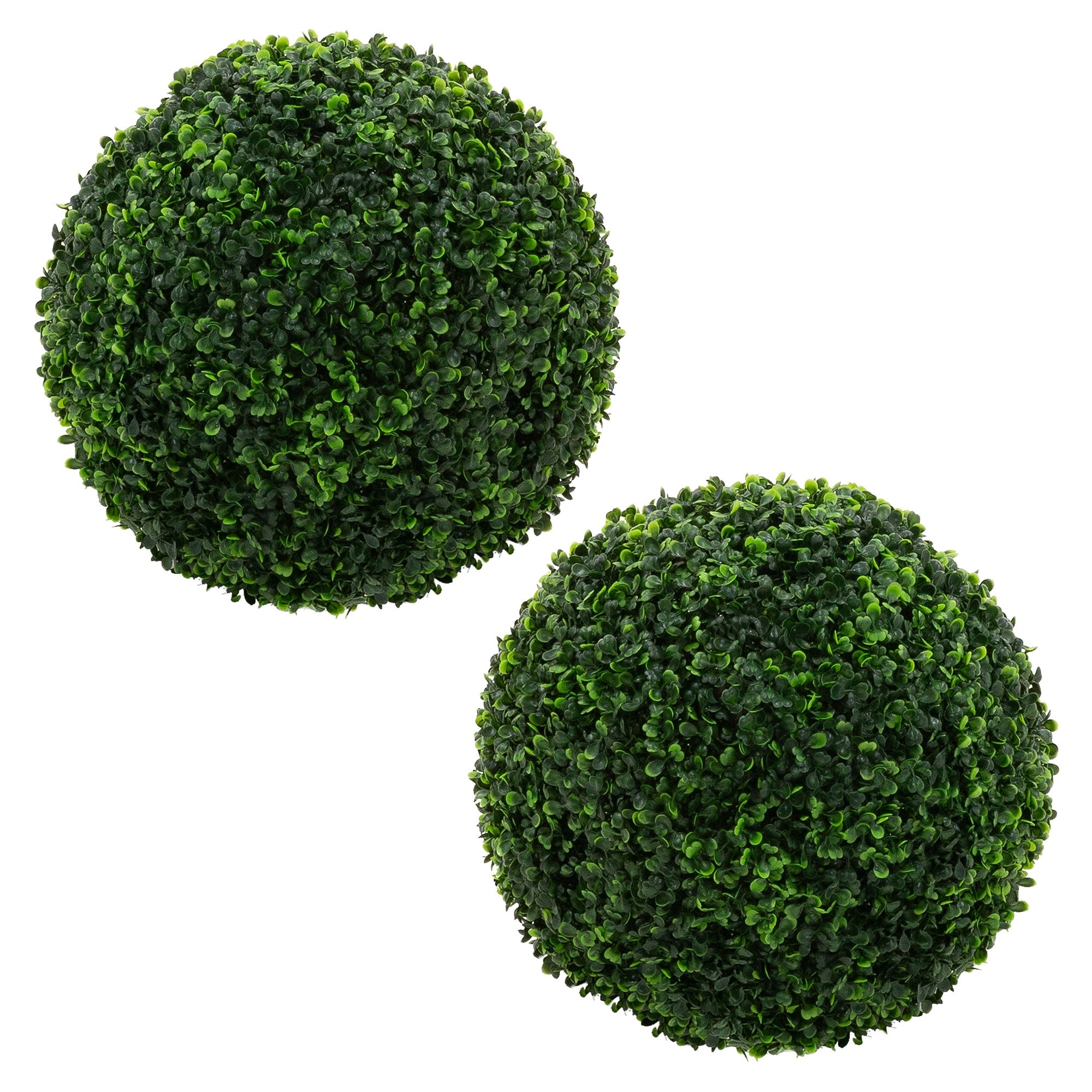 Twee groene, ronde plantenbollen van kunststof.