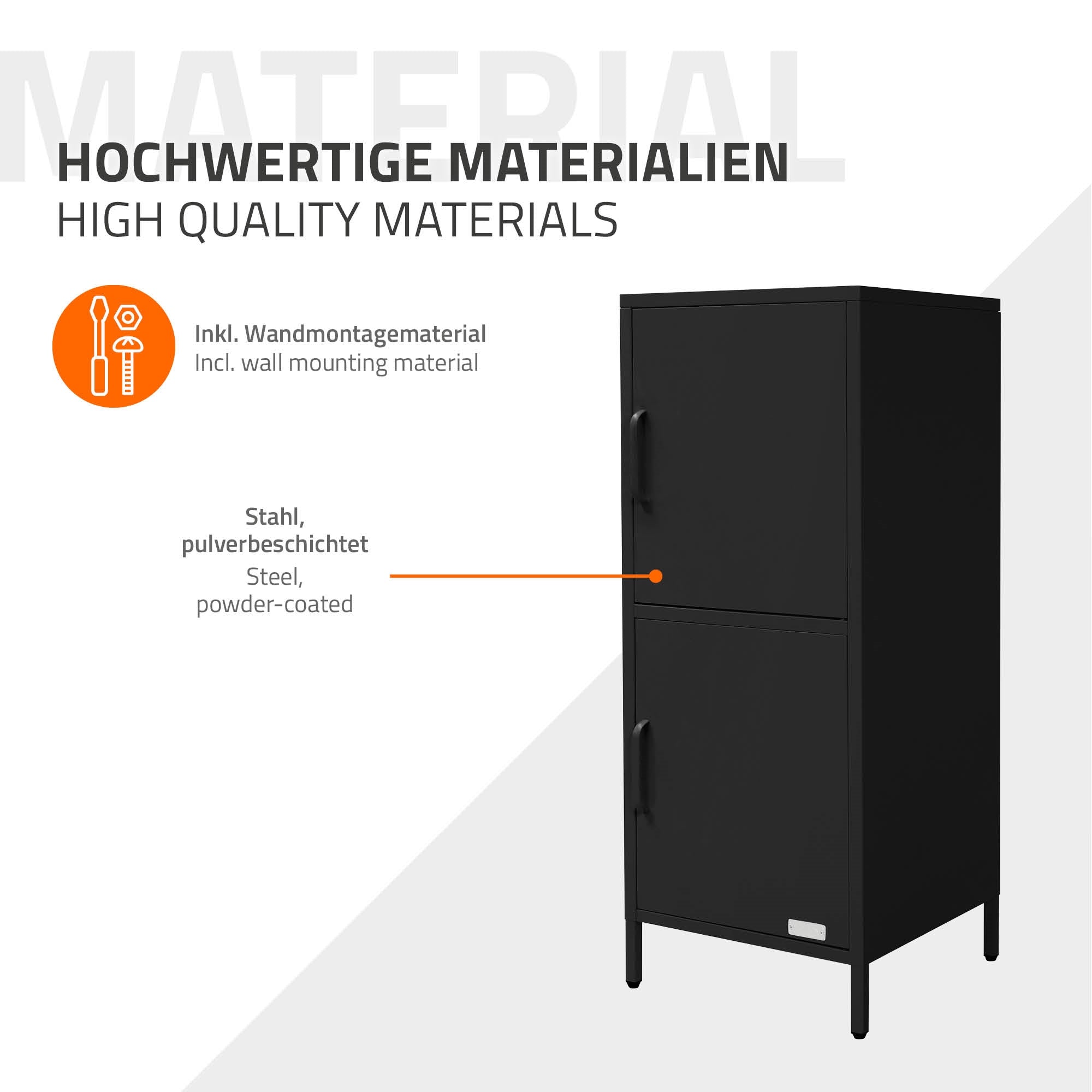 Ein schwarzer Aktenschrank mit zwei Türen und Wandmontagematerial.