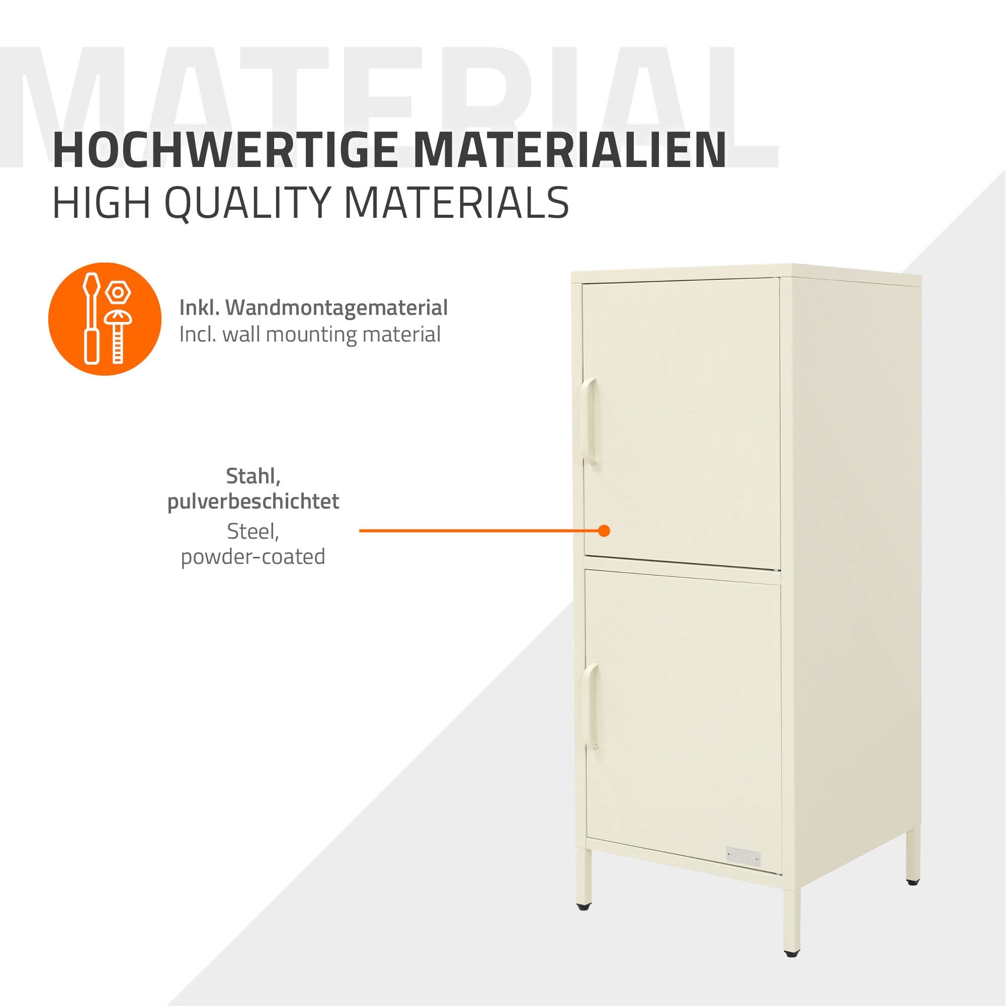Un armadio beige con due porte e materiale per il montaggio a parete.
