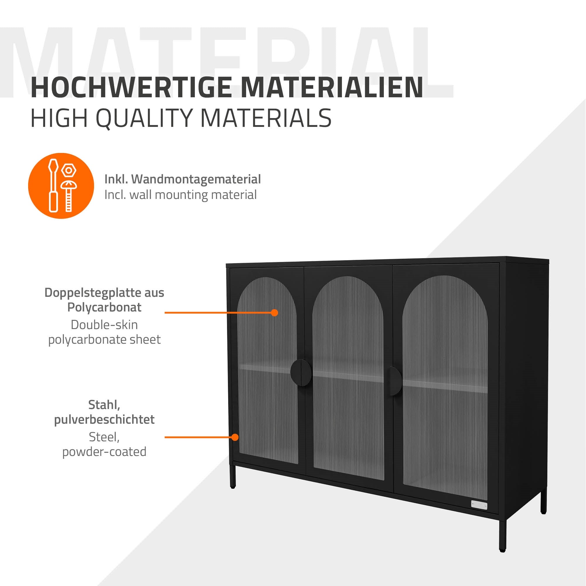 Schrank mit drei Türen aus pulverbeschichtetem Stahl und Polycarbonat.