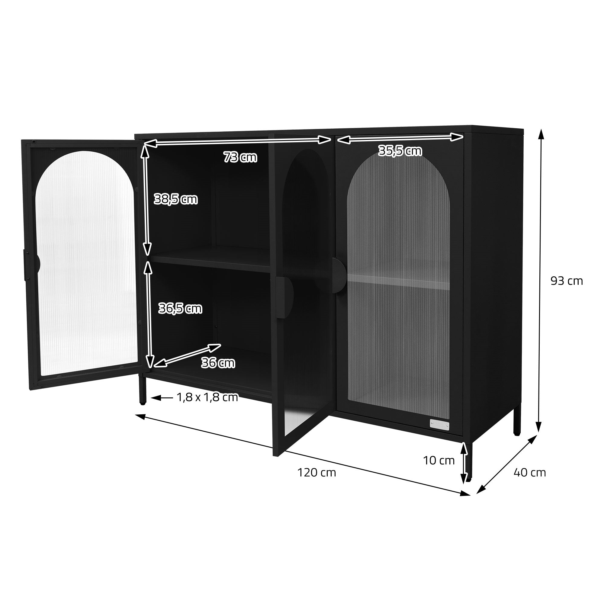 Schwarzer Schrank mit zwei Türen, Innenmaße und Abmessungen sind angegeben.