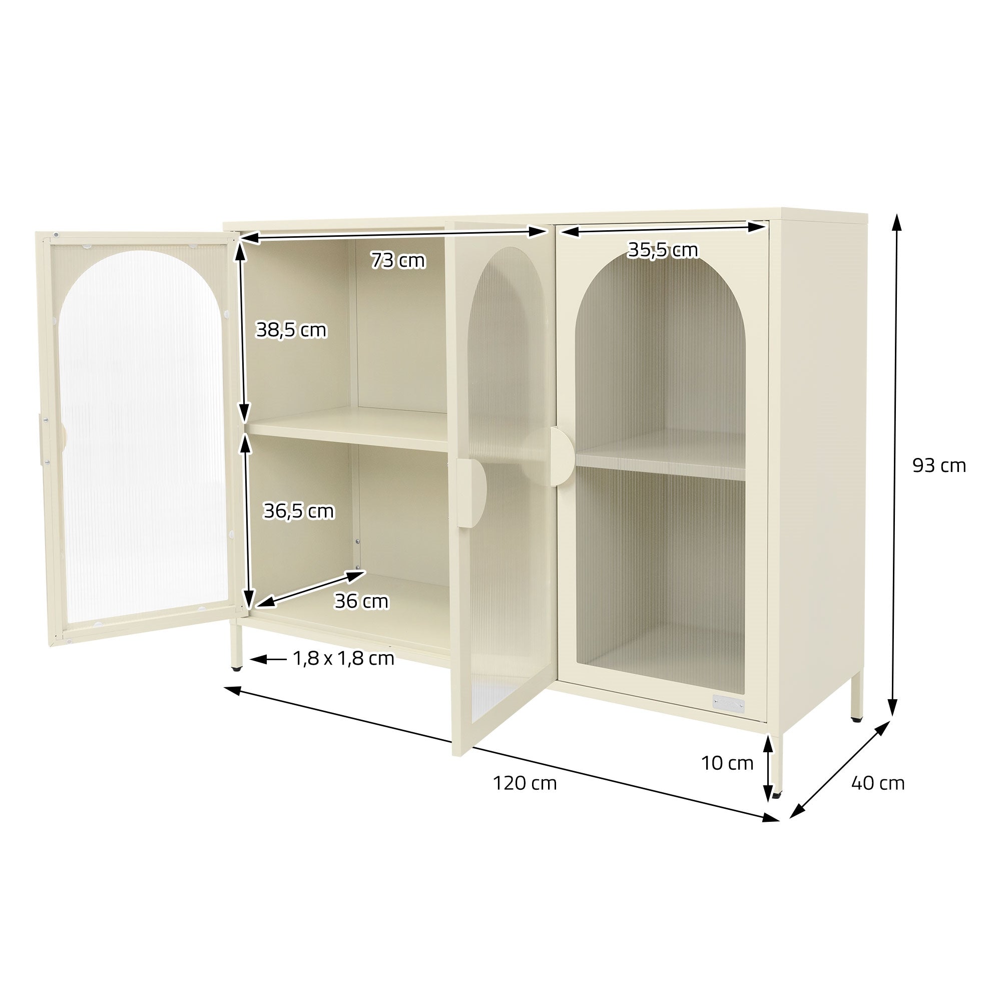 Beige Schrank mit zwei Türen, Innenmaße und Außenmaße angegeben.