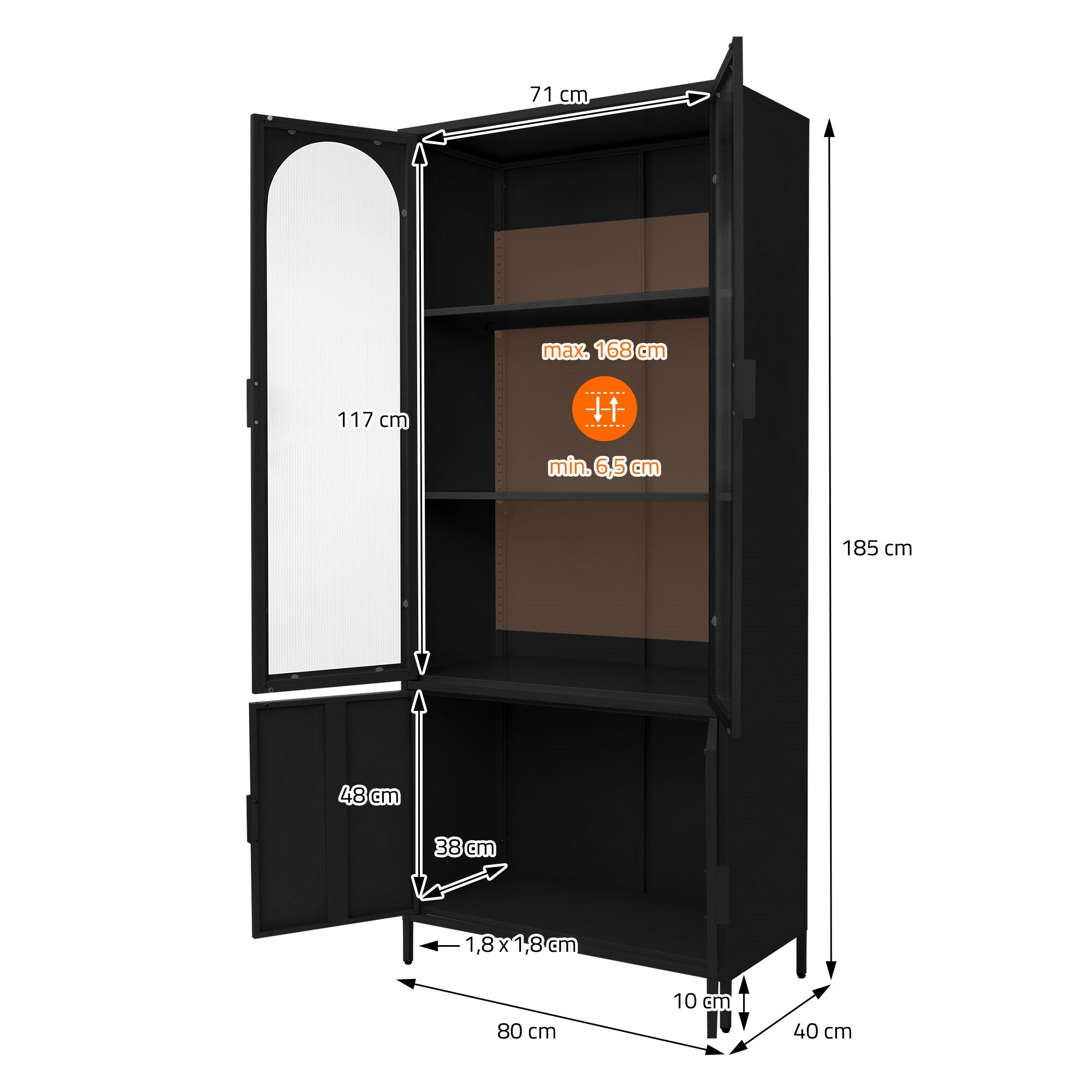 Ein schwarzer Schrank mit Maßen und Regalen, die im Inneren sichtbar sind.