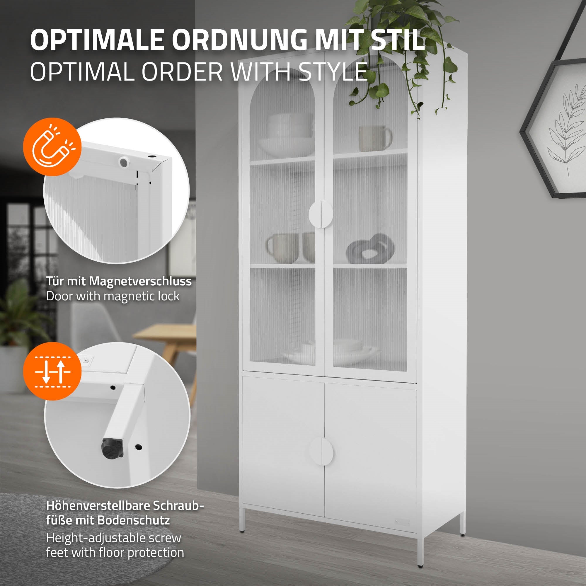 Grafiek van een witte vitrinekast met deur en in hoogte verstelbare poten.
