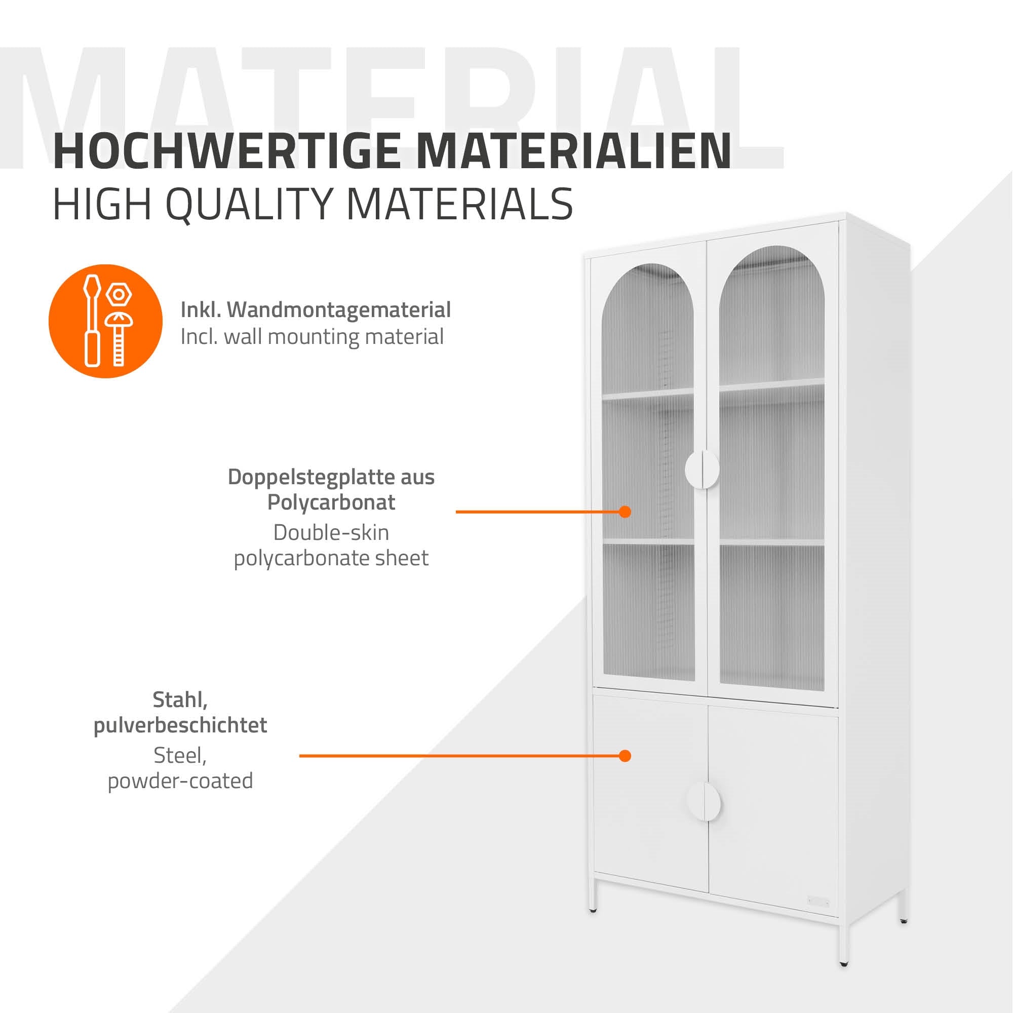 Materiaalbeschrijving voor kast, dubbel gecoat polycarbonaat.