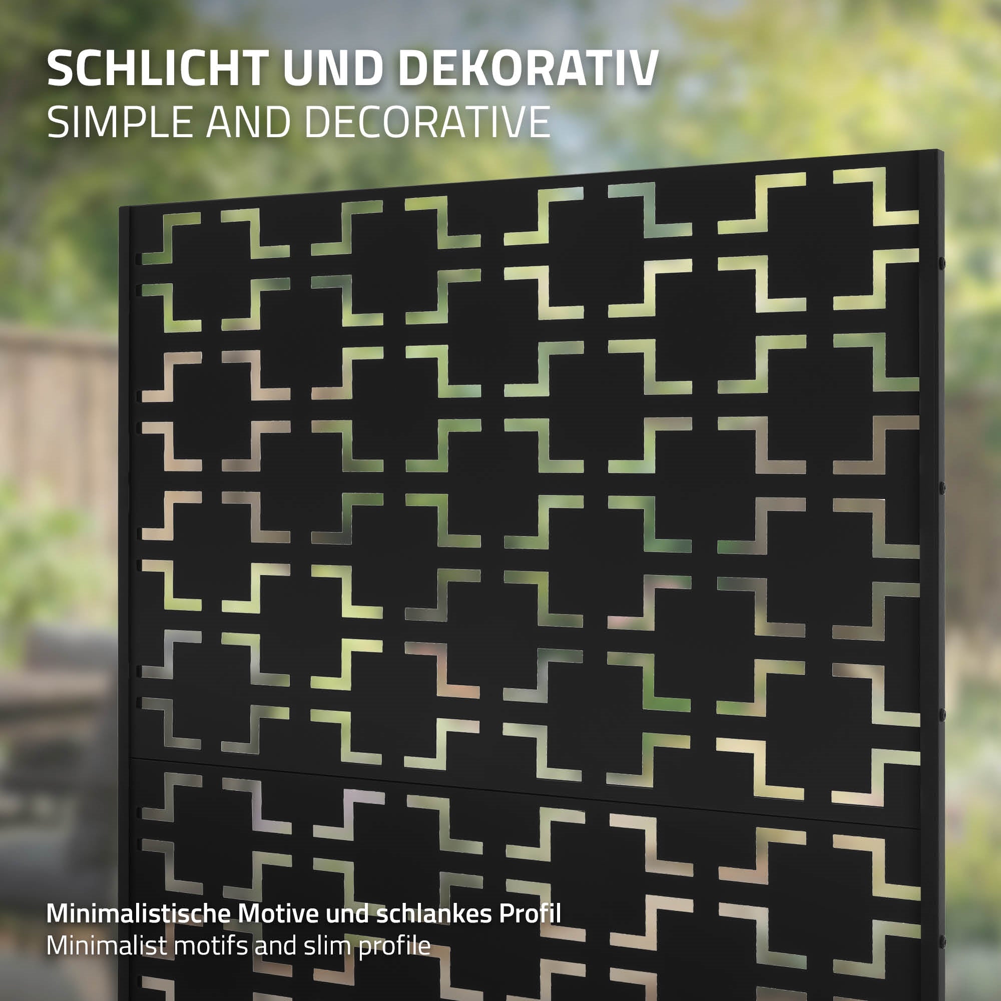 Fekete válaszfal geometriai mintával a kertben.