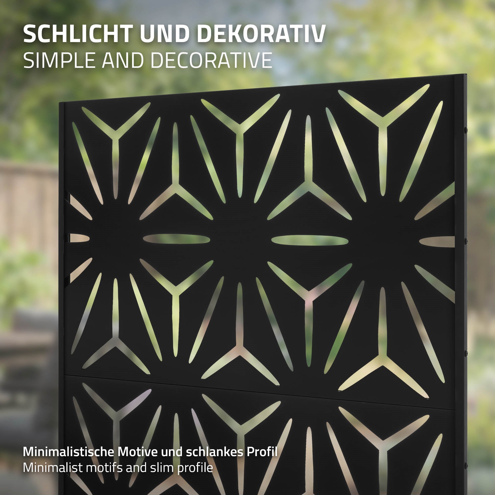 Nahaufnahme eines dekorativen Metall-Sichtschutzes mit minimalistischen Motiven.