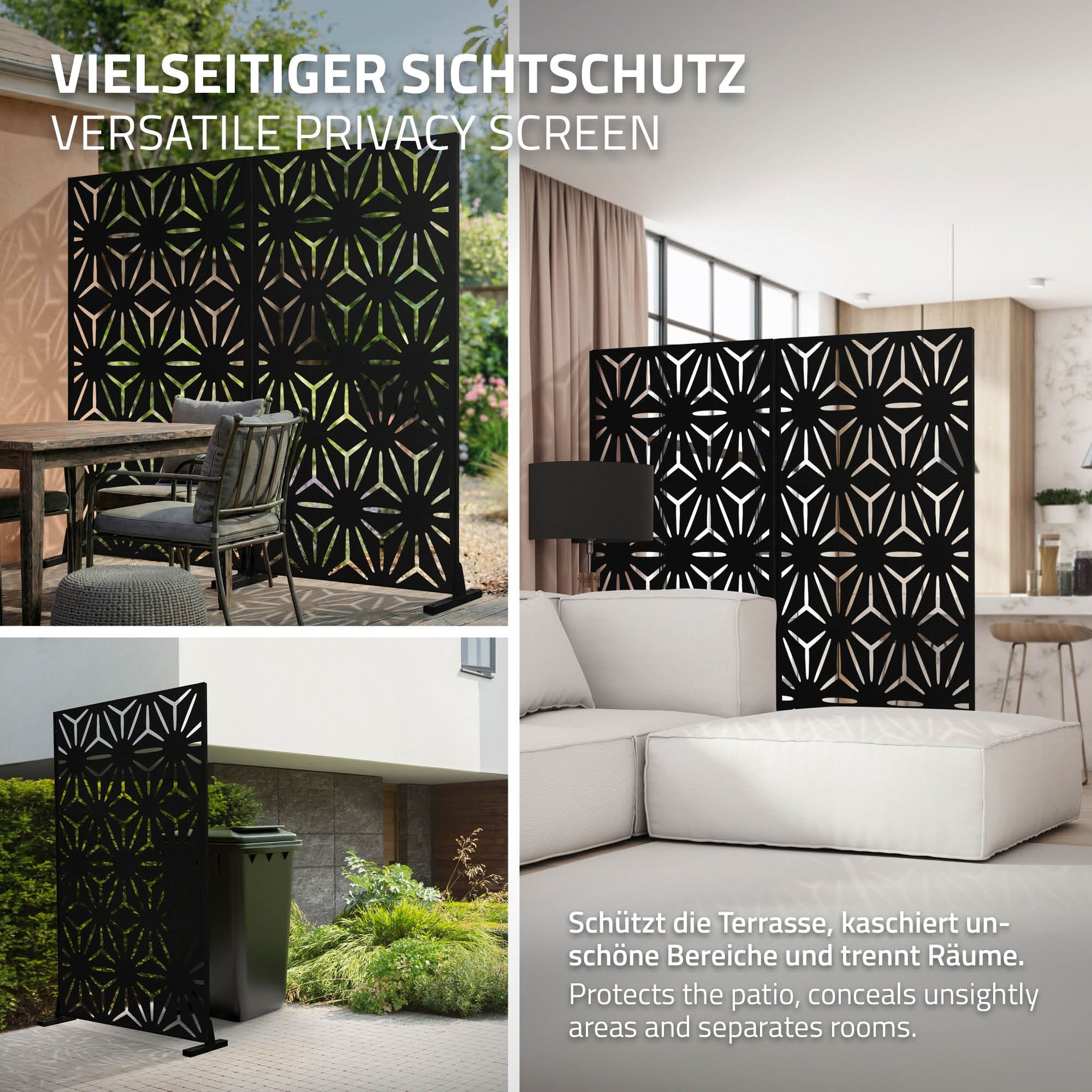 Vielseitige Sichtschutzwand in verschiedenen Umgebungen, schützt Bereiche.