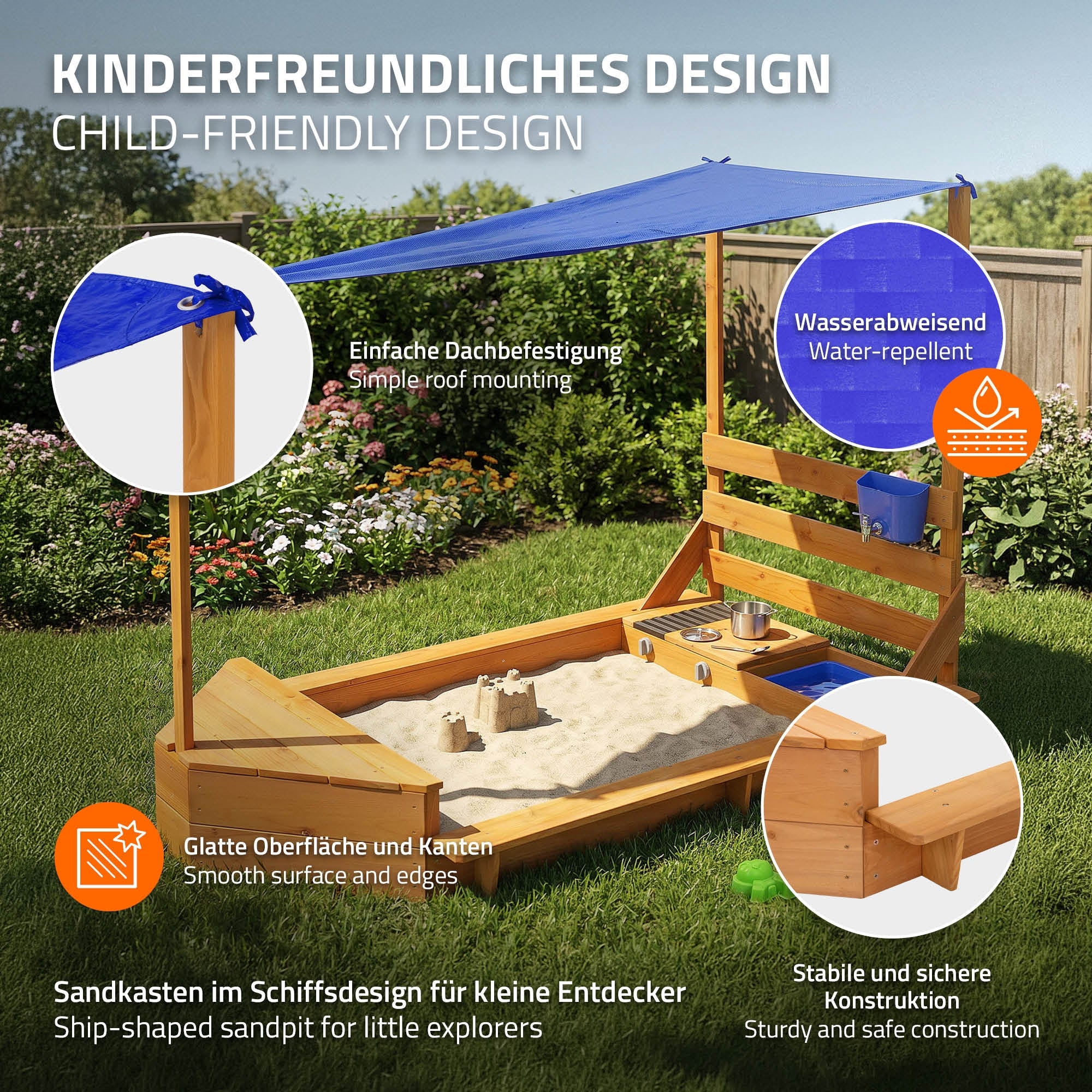 Ein Sandkasten im Schiffsdesign mit blauer Abdeckung und Spielzeug.