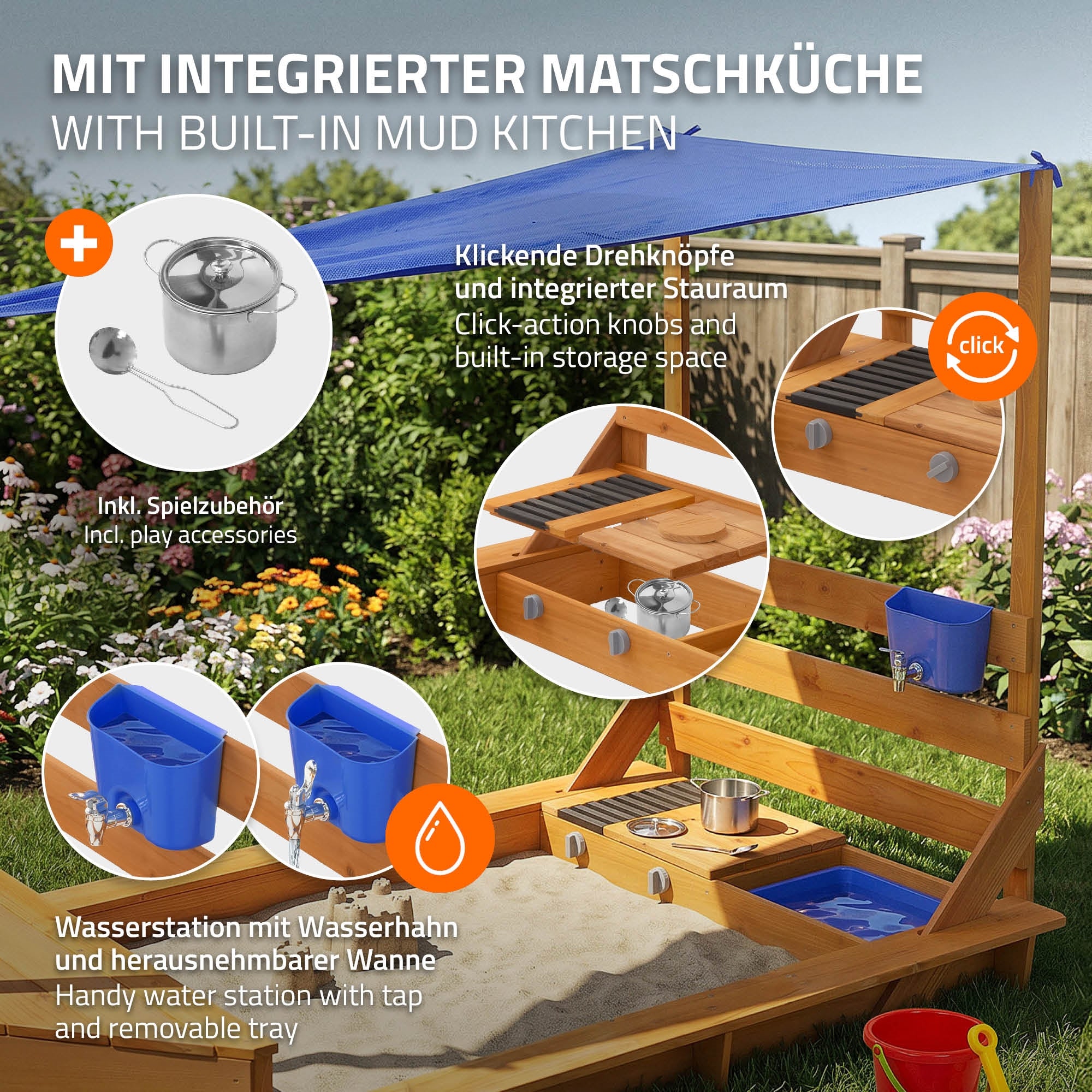 Eine Matschküche mit Wasserhahn, Töpfen und Spielzeug im Freien.