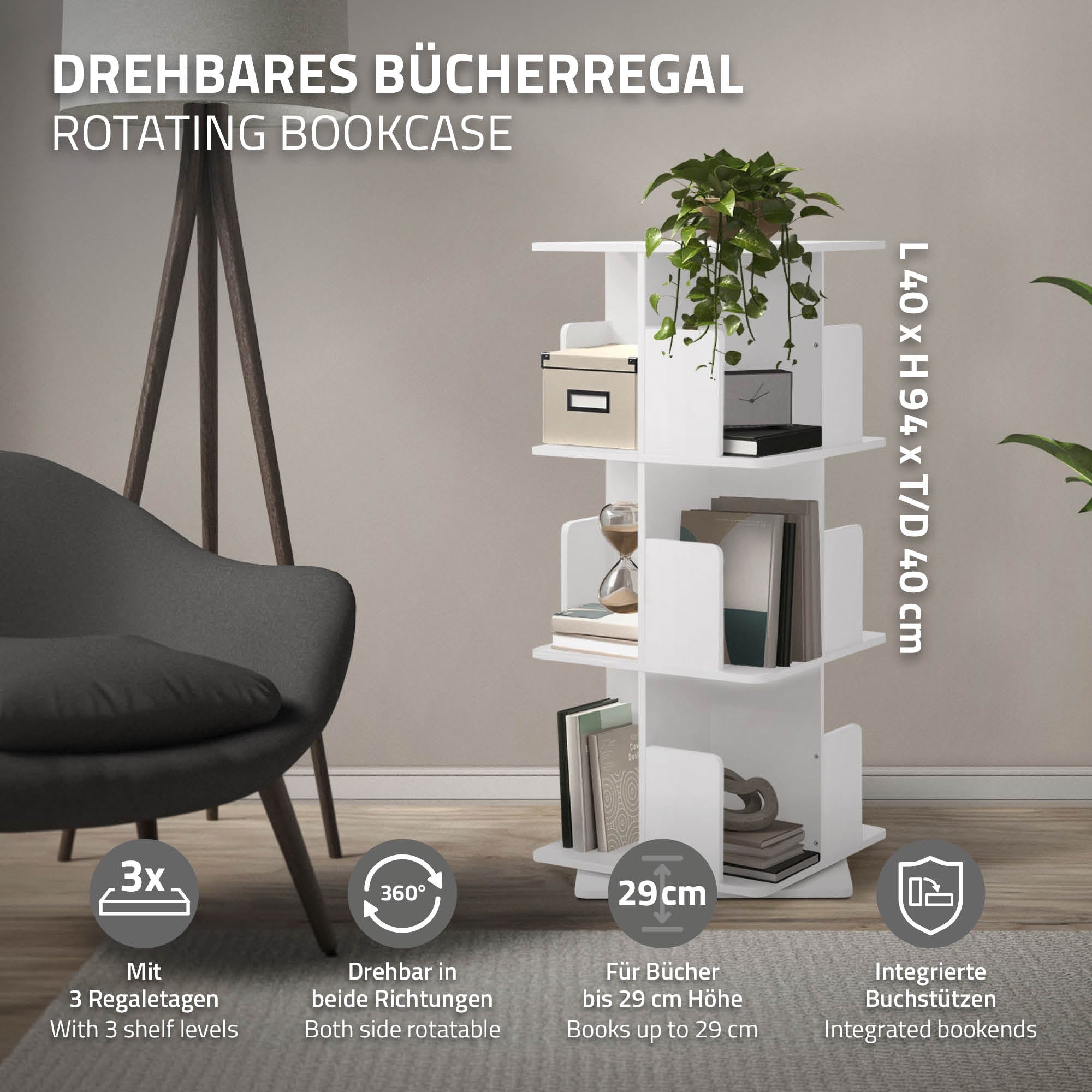 Drehbares Bücherregal mit drei Regalen und integrierten Buchstützen.