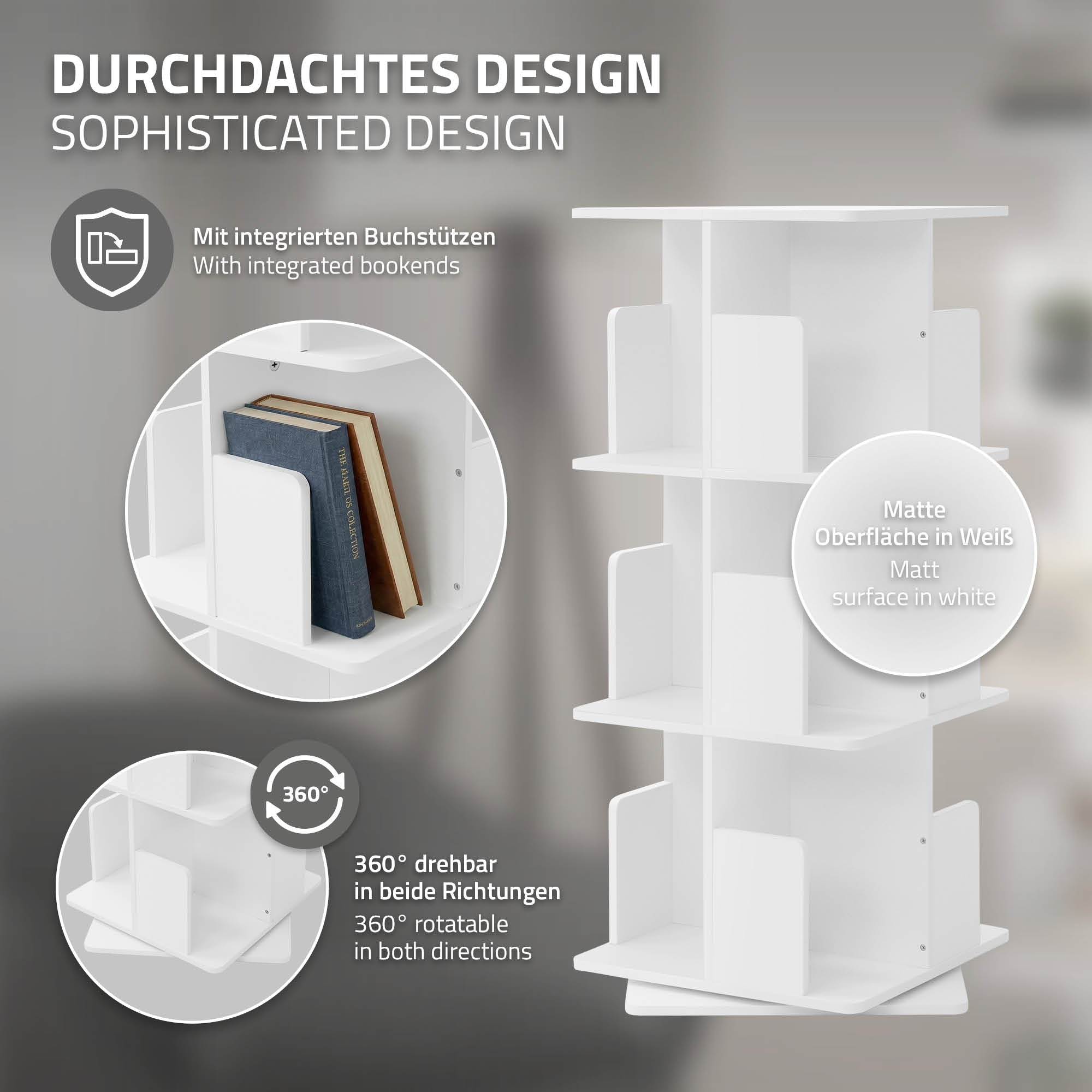 Ein Regal mit integrierten Buchstützen, das in beide Richtungen drehbar ist.