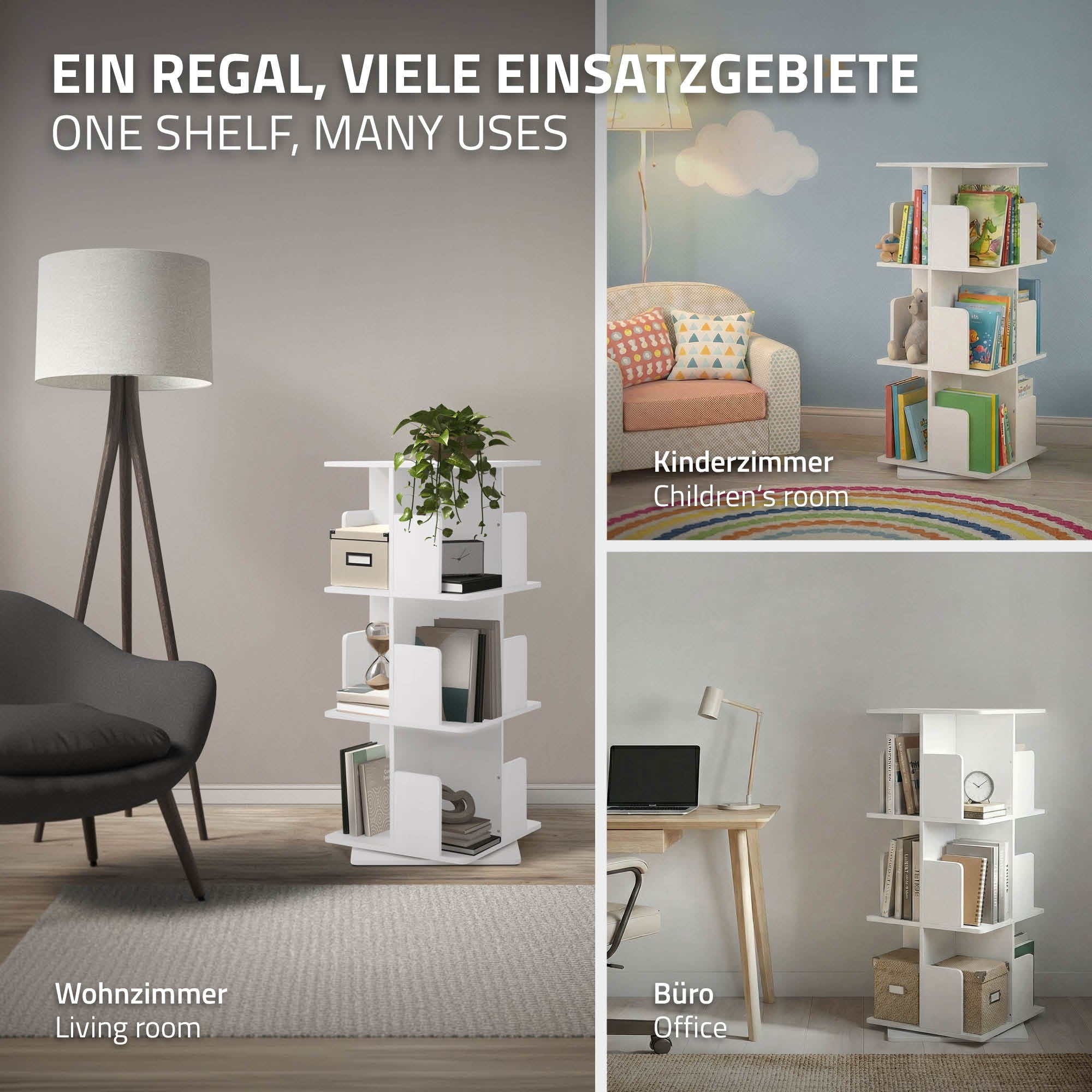 Regal in verschiedenen Einsatzbereichen: Wohnzimmer, Kinderzimmer, Büro, mit Möbeln.