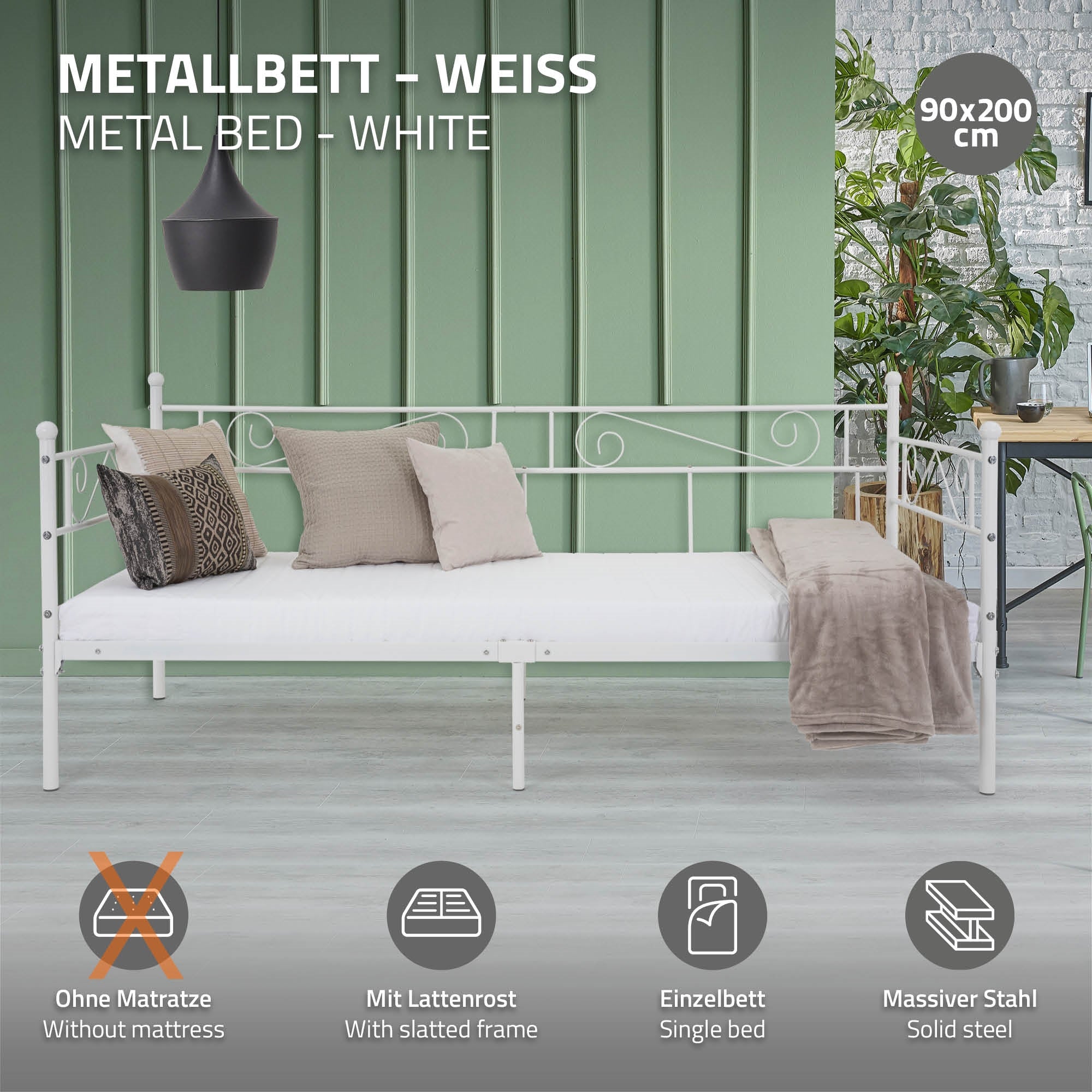 Cama de metal blanca con colchón, almohadas y mantas en una habitación moderna.