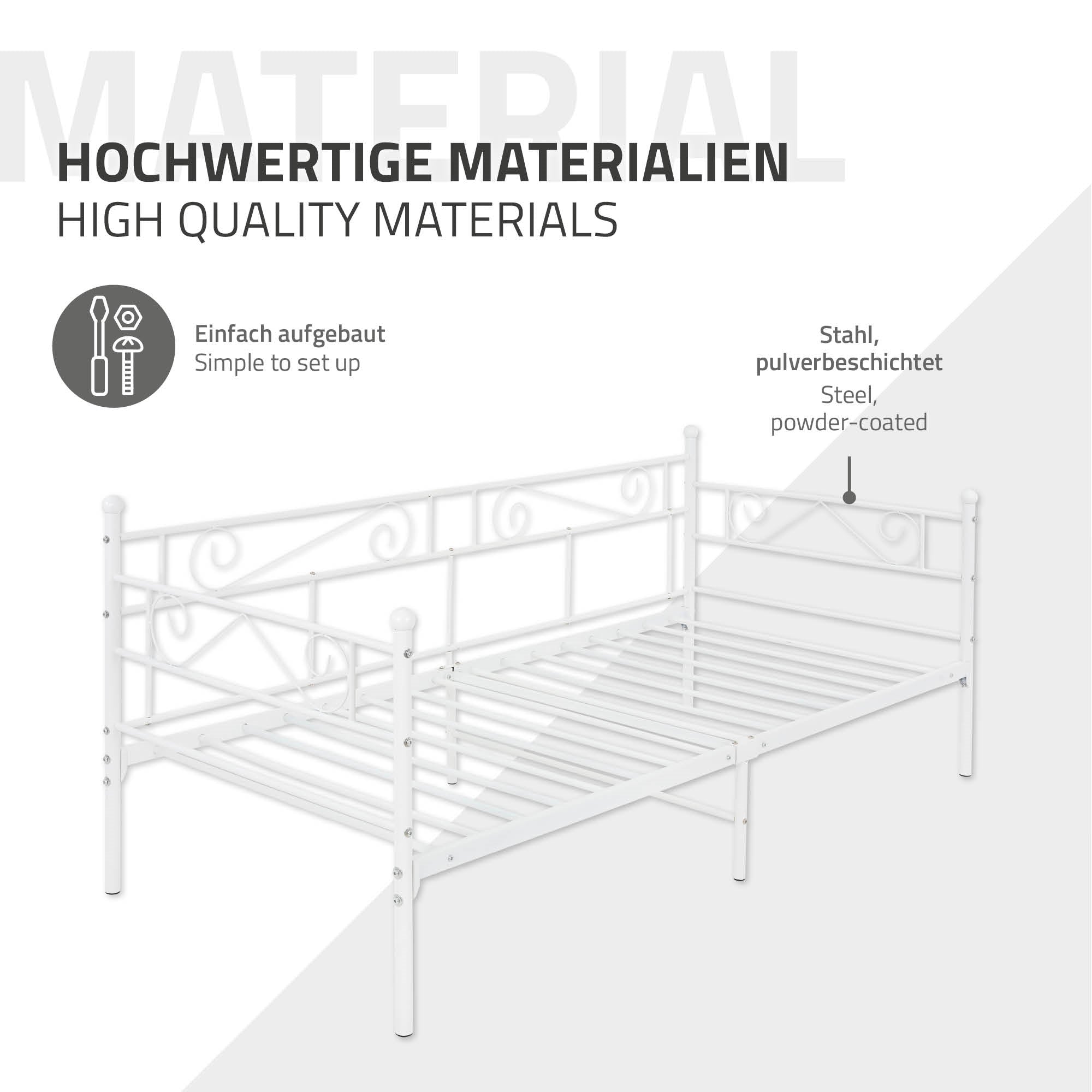 Estructura de cama blanca de acero recubierto de polvo con descripción.