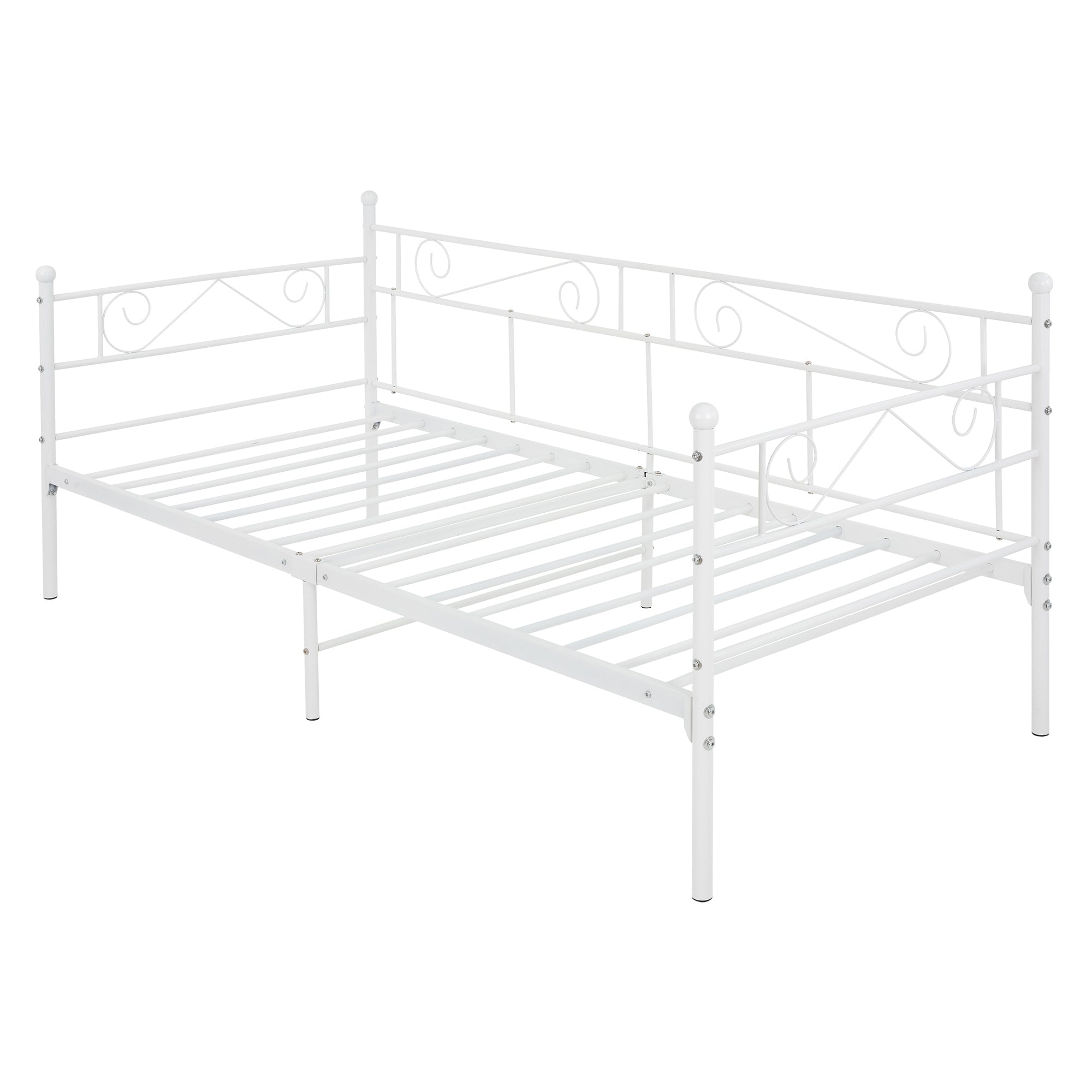 Estructura de cama blanca sin colchón, vista lateral.