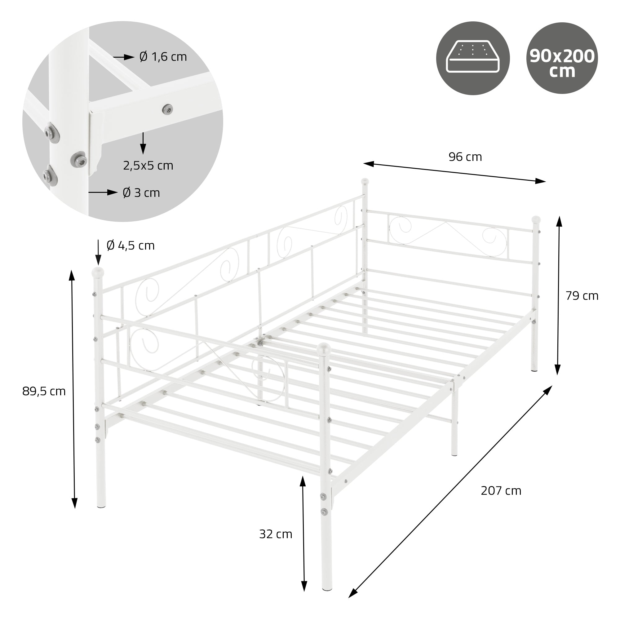 Estructura de cama blanca con medidas y detalles sobre los materiales.