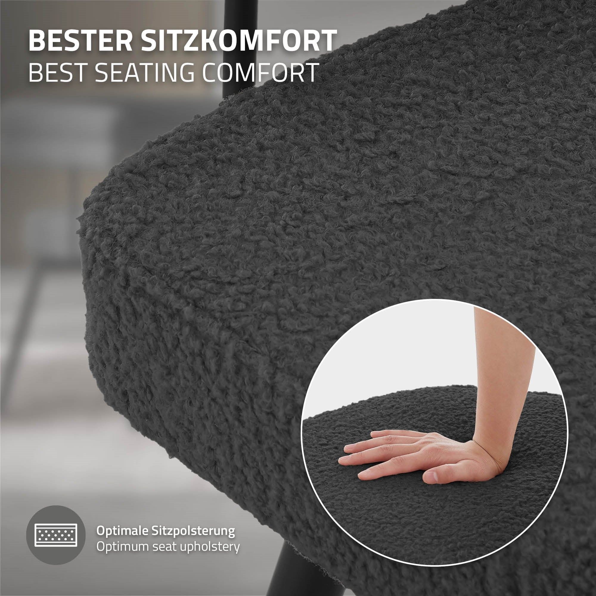 Nahaufnahme einer grauen Stuhlsitzfläche mit einer Hand, die darauf drückt.